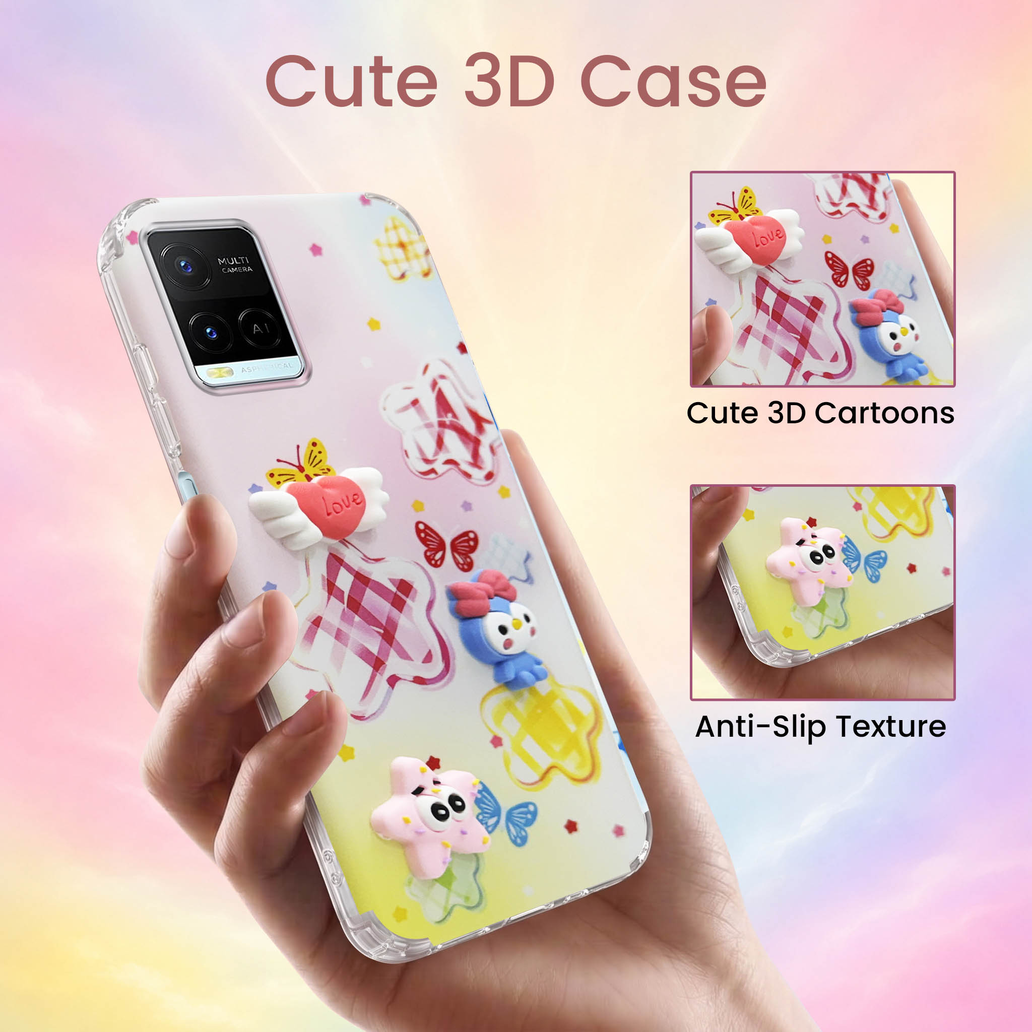 For Vivo Y21 2021 Back Cover Case (3D Cute Cartoons | Hard Back Side Soft | Matte Premium Finish | HD Printing)