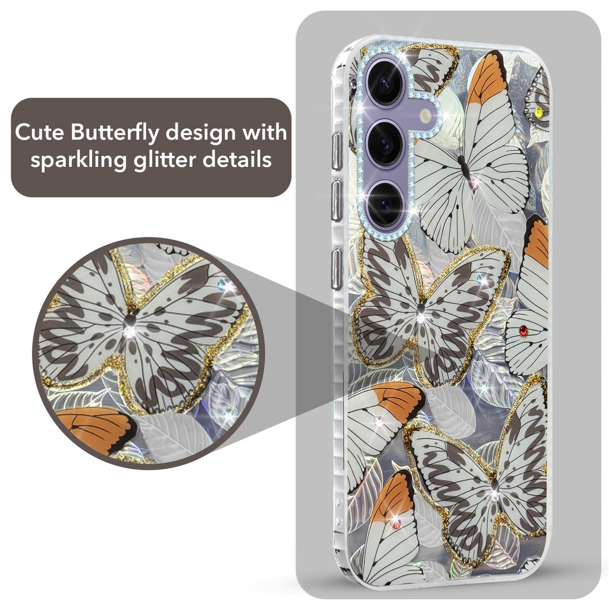 For Samsung Galaxy S24 Back Cover Case (Luxury Floral Glitter Cute Butterfly | Diamond Studded Camera Bump | Girls & Women Design)