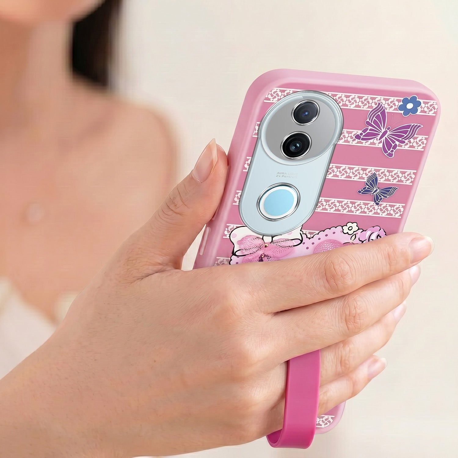 For Vivo iQOO Z10R Back Cover Case (3D Cute Heart Strap Holder | Camera Protection | Designer Girls Print)