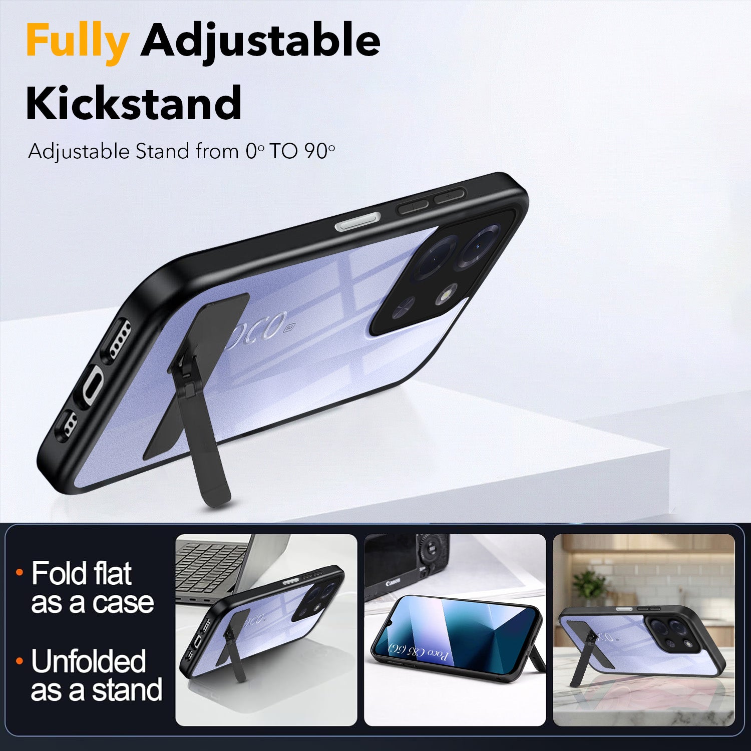 For Poco C85 5G Back Cover Case (Built-in Stand | Lifetime Anti Yellow | Kickstand Shockproof | Camera Protection | MagSafe Compatible)