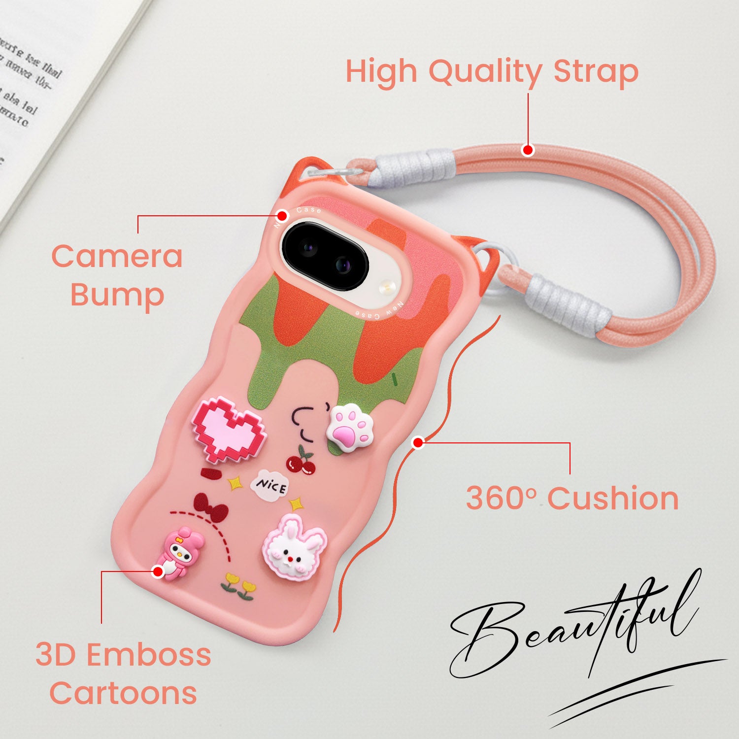 For Google Pixel 9A Back Case Cover Strap (3D Embossed Figures | Strap Holder | 360* Soft Cushion with Camera Bump)