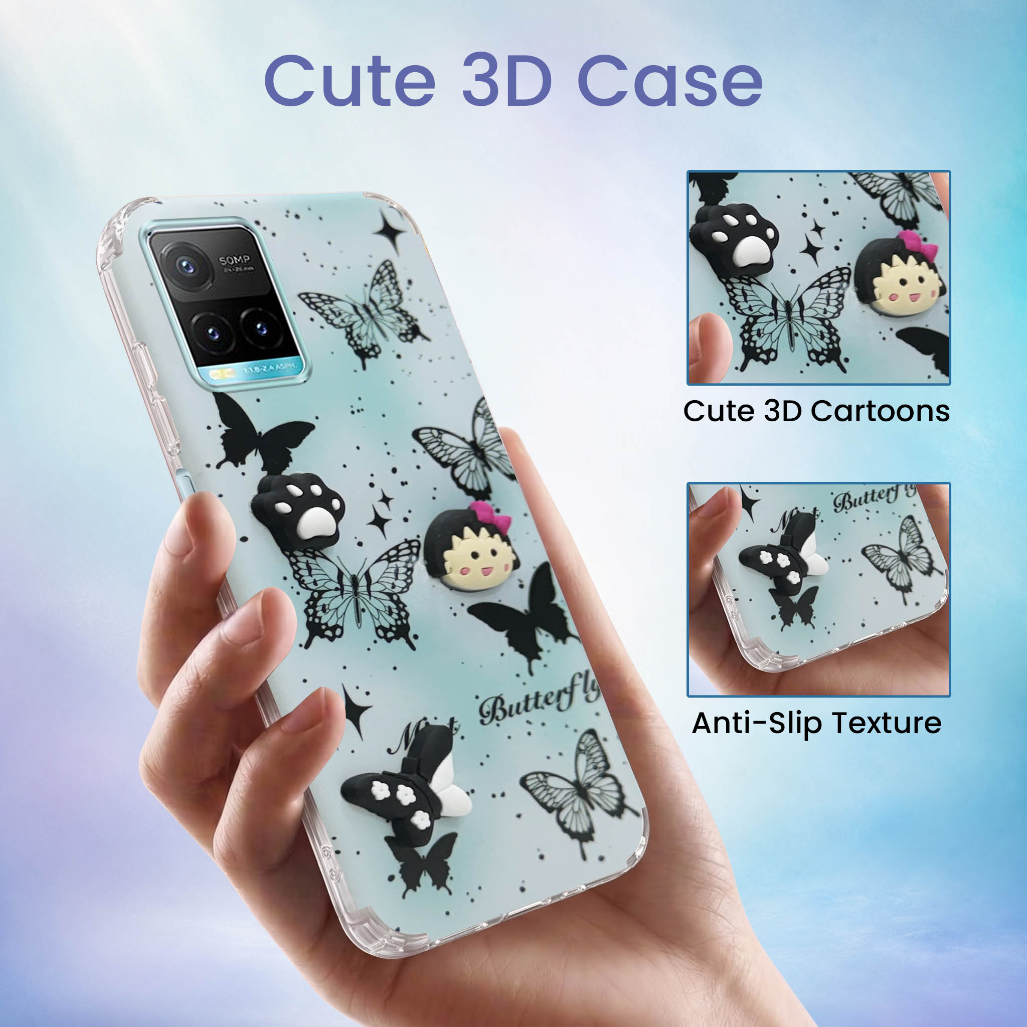 For Vivo Y33T | Vivo Y21T | Vivo Y21s Back Cover Case (3D Cute Cartoons | Hard Back Side Soft | Matte Premium Finish | HD Printing)