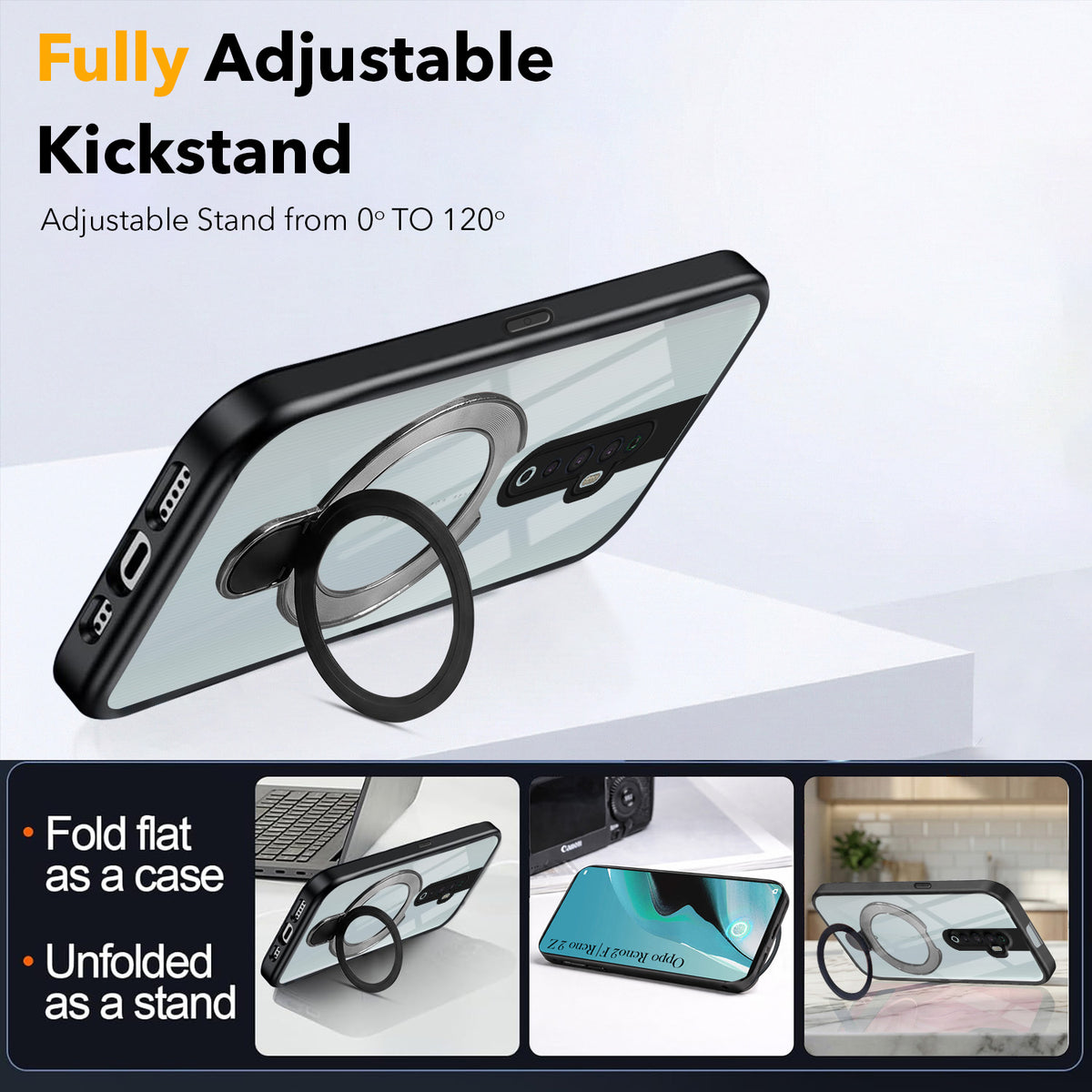 For Oppo Reno2 Z | Reno 2Z | Reno 2F | 2 F Back Cover Case (Kick Stand Ring Holder | Life time Anti Yellow | Camera Protection)