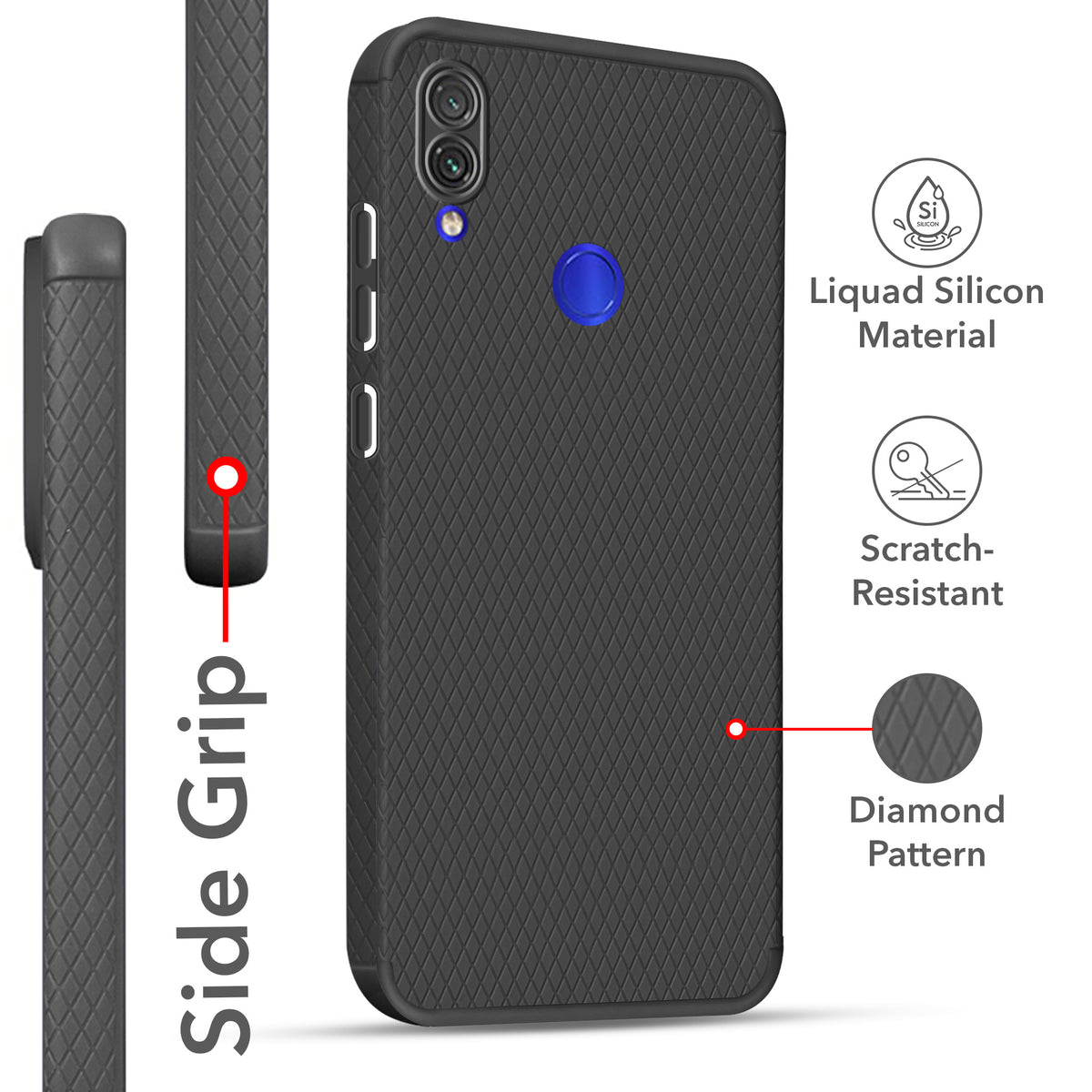 For Redmi Note 7 | Note 7S | Note 7 Pro Back Cover Case (Liquid Silicone | Side Grip | Camera Protection)