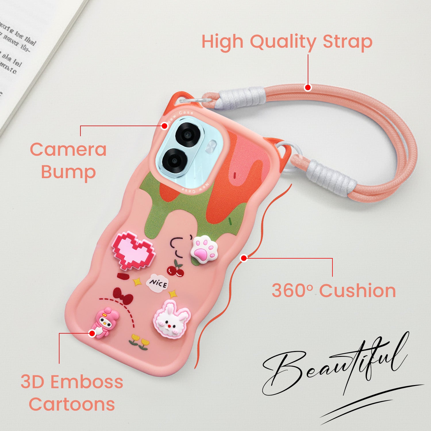 For Oppo A6X | Oppo A6S Back Case Cover Strap (3D Embossed Figures | Strap Holder | 360* Soft Cushion with Camera Bump)