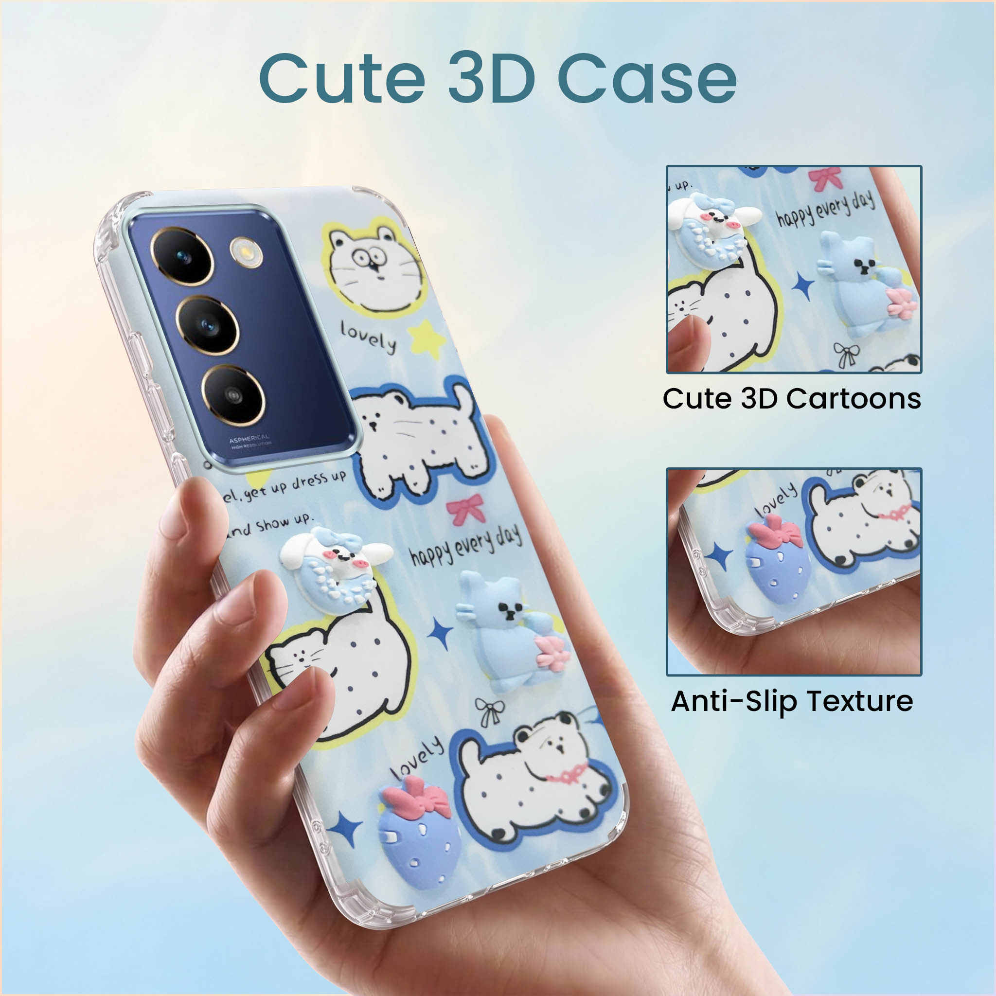 For Vivo T3 5G Back Cover Case (3D Cute Cartoons | Hard Back Side Soft | Matte Premium Finish | HD Printing)