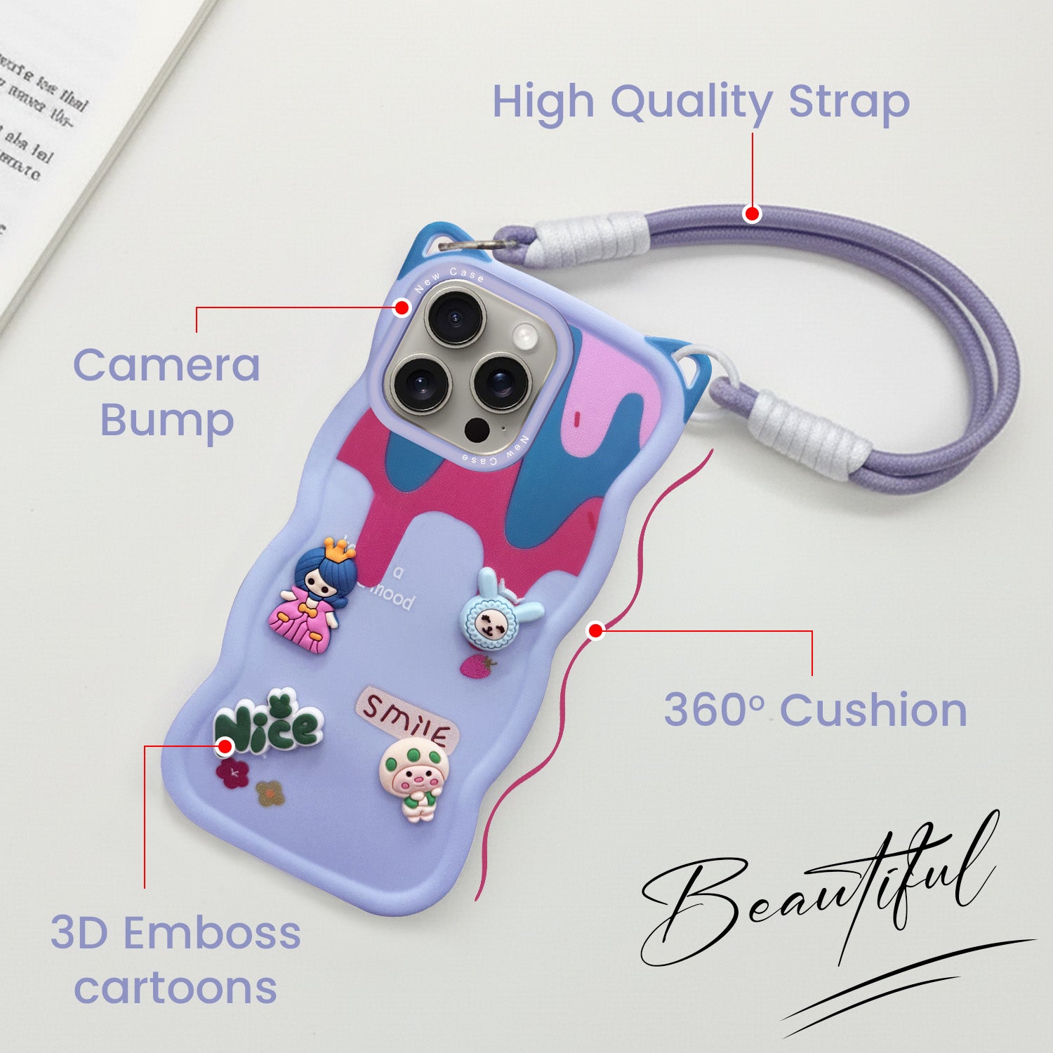 For Apple iPhone 15 Pro Max Back Case Cover Strap(3D Embossed Figures | Strap Holder | 360* Soft Cushion with Camera Bump)