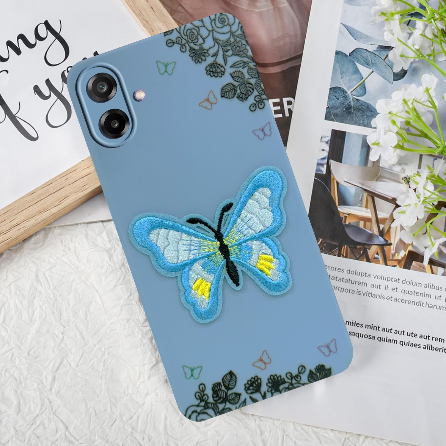 For Samsung Galaxy M17e Back Cover Case (Soft Butterfly Embroidery | Women Teen Girls | Camera Protection| Matte Silicone)