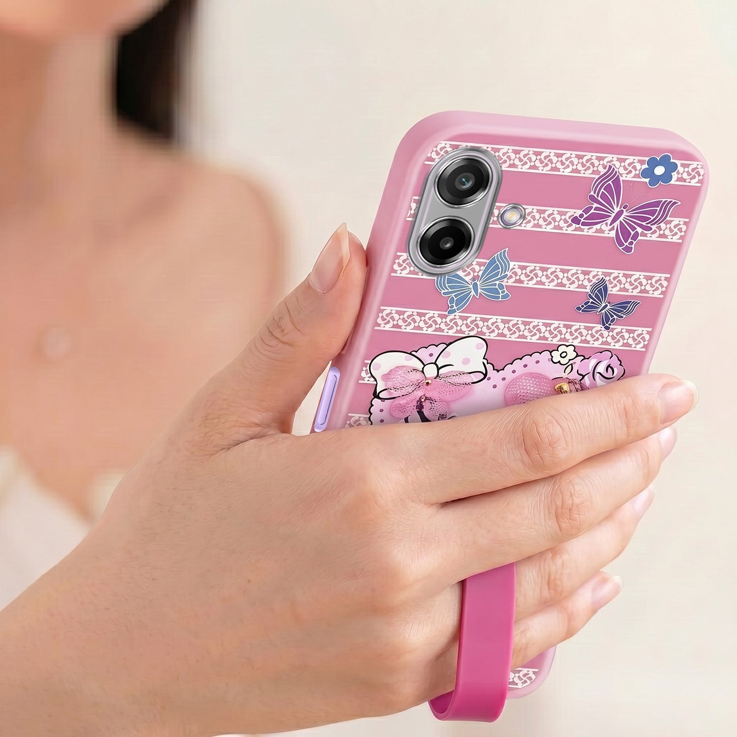 For Samsung Galaxy M17e Back Cover Case (3D Cute Heart Strap Holder | Camera Protection | Designer Girls Print)