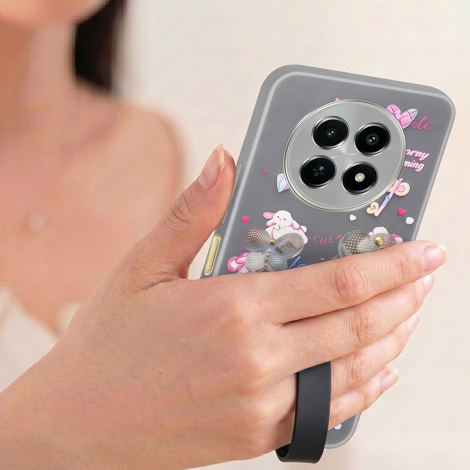 For Realme Narzo N65 5G Back Cover Case (3D Cute Heart Strap Holder | Camera Protection | Designer Girls Print)