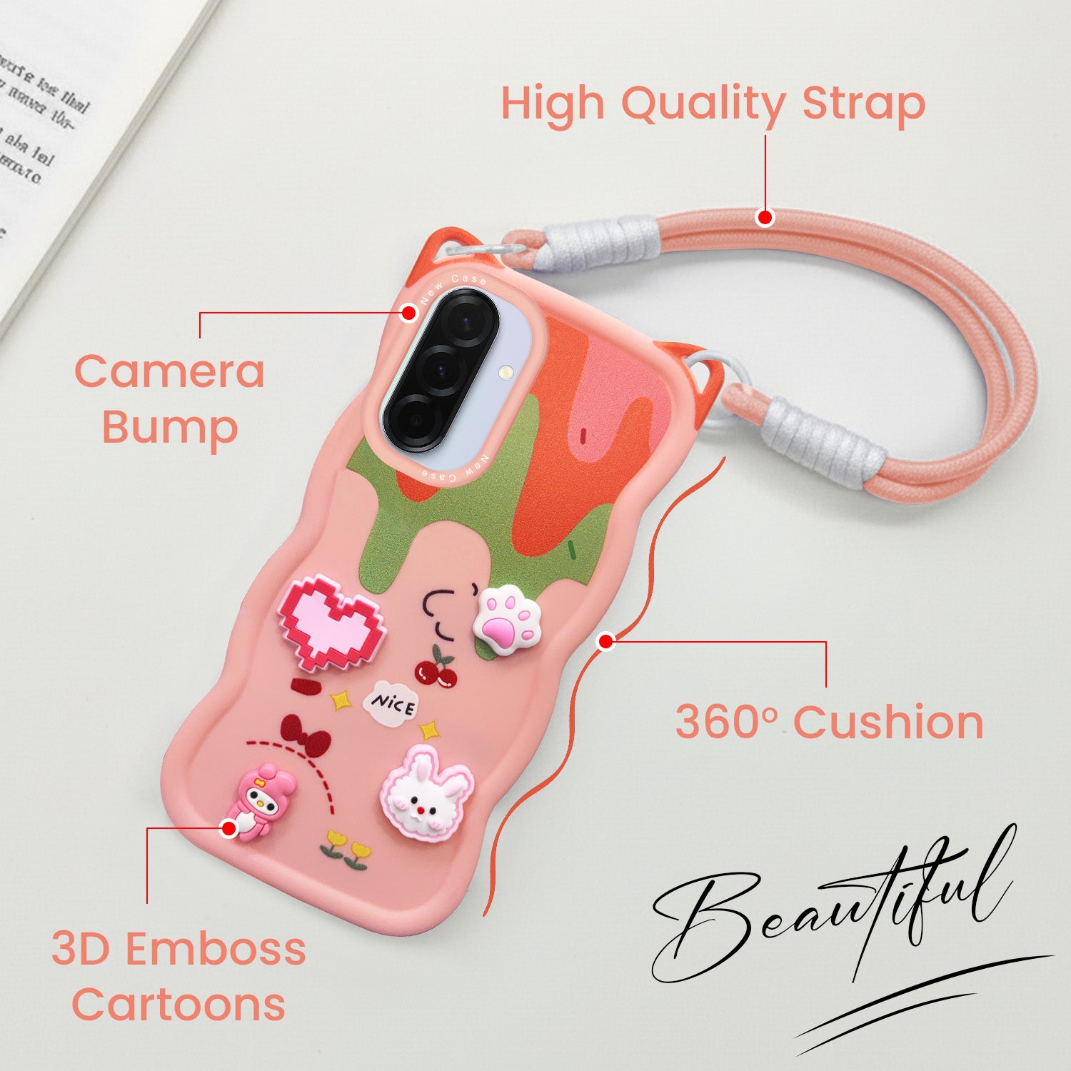 For Samsung Galaxy A36 5G Back Case Cover Strap (3D embossed Figures | Strap Holder | 360* Soft Cushion with Camera Bump)