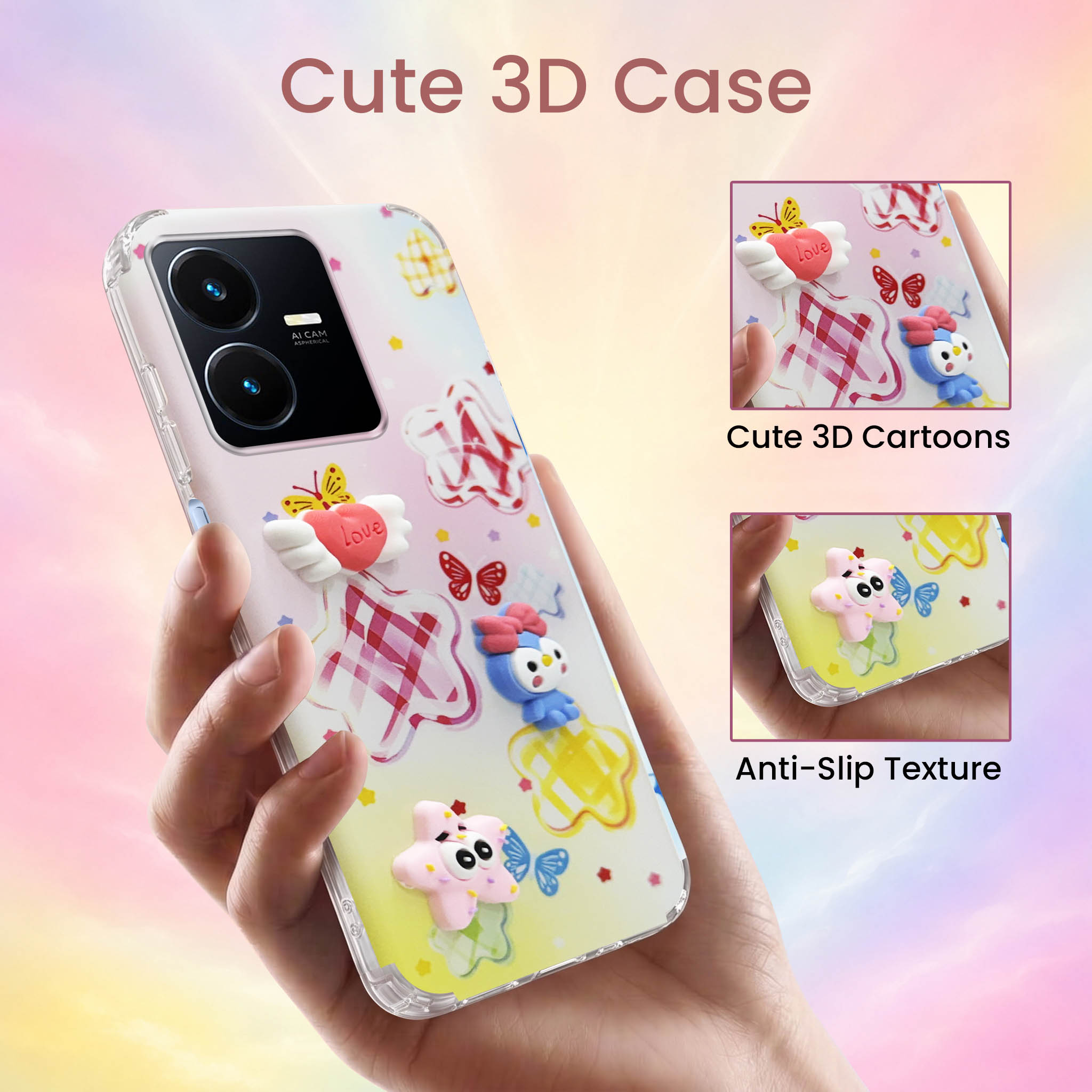 For Vivo Y22 | Vivo Y22s Back Cover Case (3D Cute Cartoons | Hard Back Side Soft | Matte Premium Finish | HD Printing)