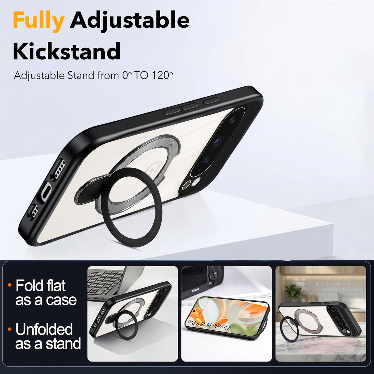 For Google Pixel 9 Pro Back Cover Case (Kick Stand Ring Holder | Life time Anti Yellow | Camera Protection)