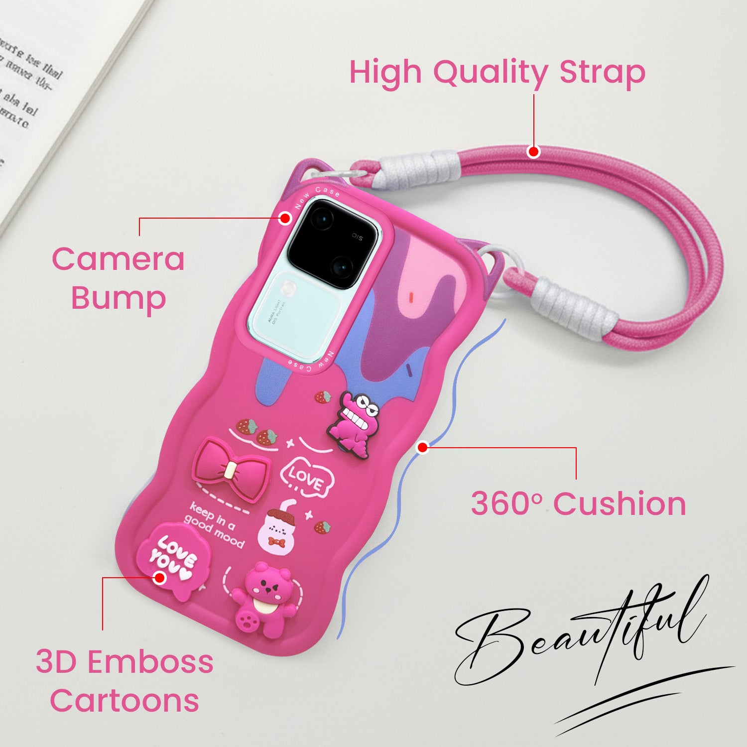For Vivo V30 | Vivo V30 Pro 5G Back Case Cover Strap(3D embossed Figures | Strap Holder | 360* Soft Cushion with Camera Bump)