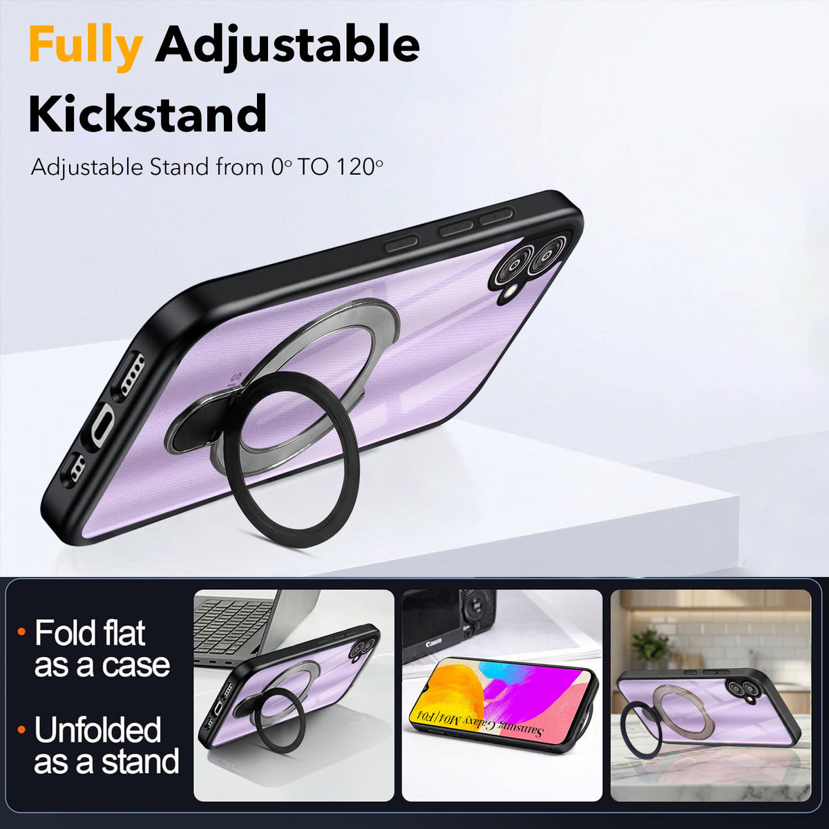 For Samsung Galaxy M04 | F04 Back Cover Case (Kick Stand Ring Holder | Life time Anti Yellow | Camera Protection)
