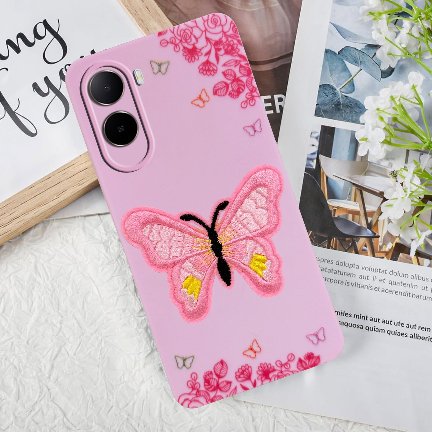 For Poco C85x 5G Back Cover Case (Soft Butterfly Embroidery | Women Teen Girls | Camera Protection| Matte Silicone)