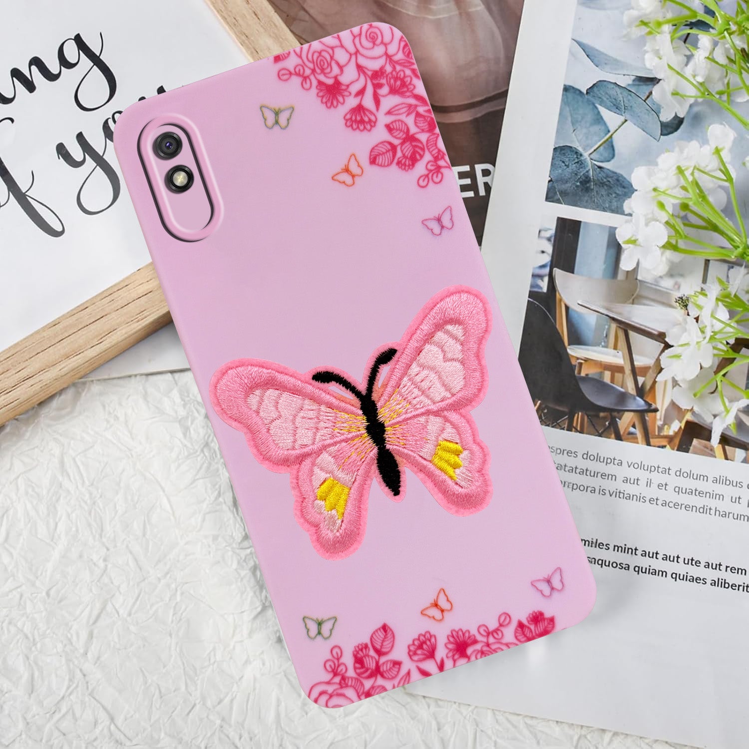 For Xiaomi Mi Redmi 9A | Redmi 9i Back Cover Case (Soft Butterfly Embroidery | Women Teen Girls | Camera Protection| Matte Silicone)