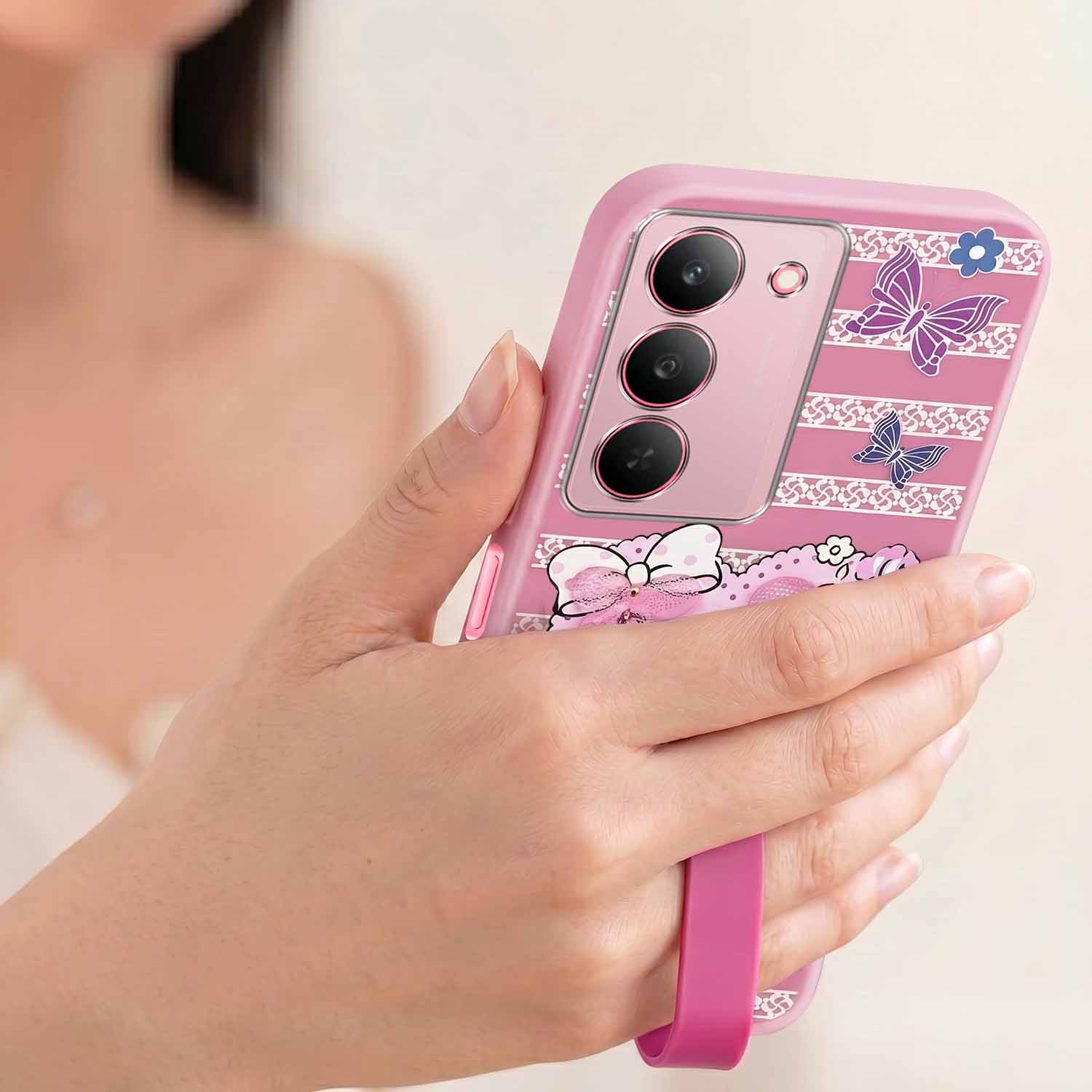 For Realme 14X Back Cover Case (3D Cute Heart Strap Holder | Camera Protection | Designer Girls Print)