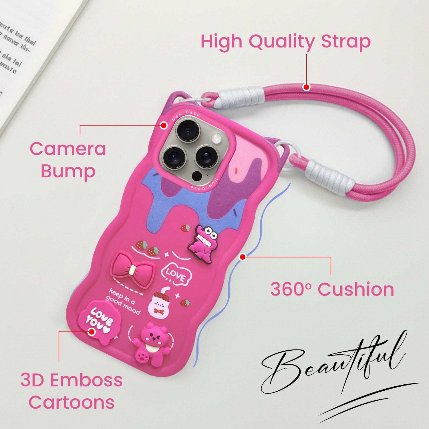 For Apple iPhone 15 Pro Max Back Case Cover Strap(3D Embossed Figures | Strap Holder | 360* Soft Cushion with Camera Bump)
