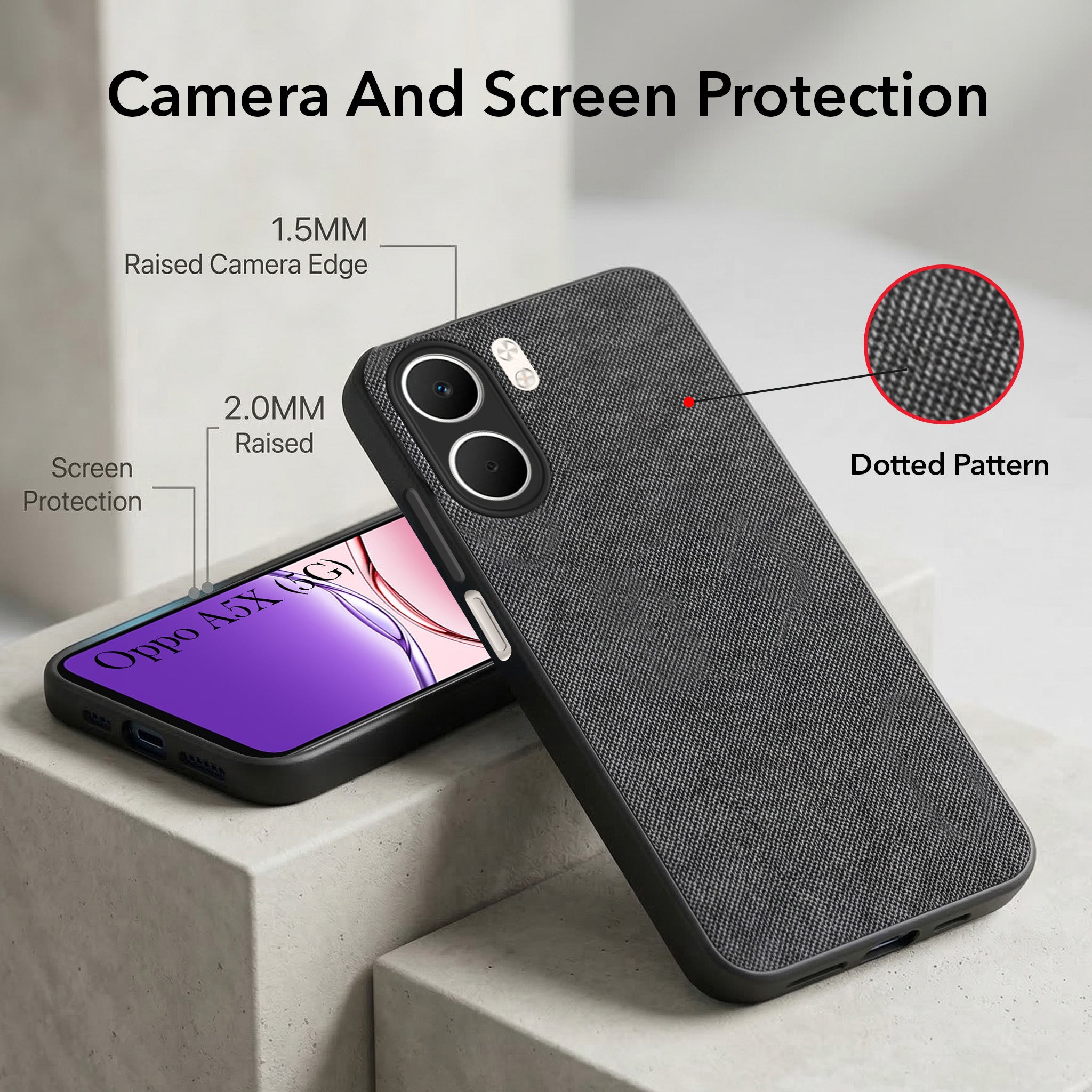 For Oppo A5X Combo with Back Cover and 9H Tempered Glass (Textured Grip Design | Micro-Fiber Cloth Inside | Oleophobic Coating Screen Glass)