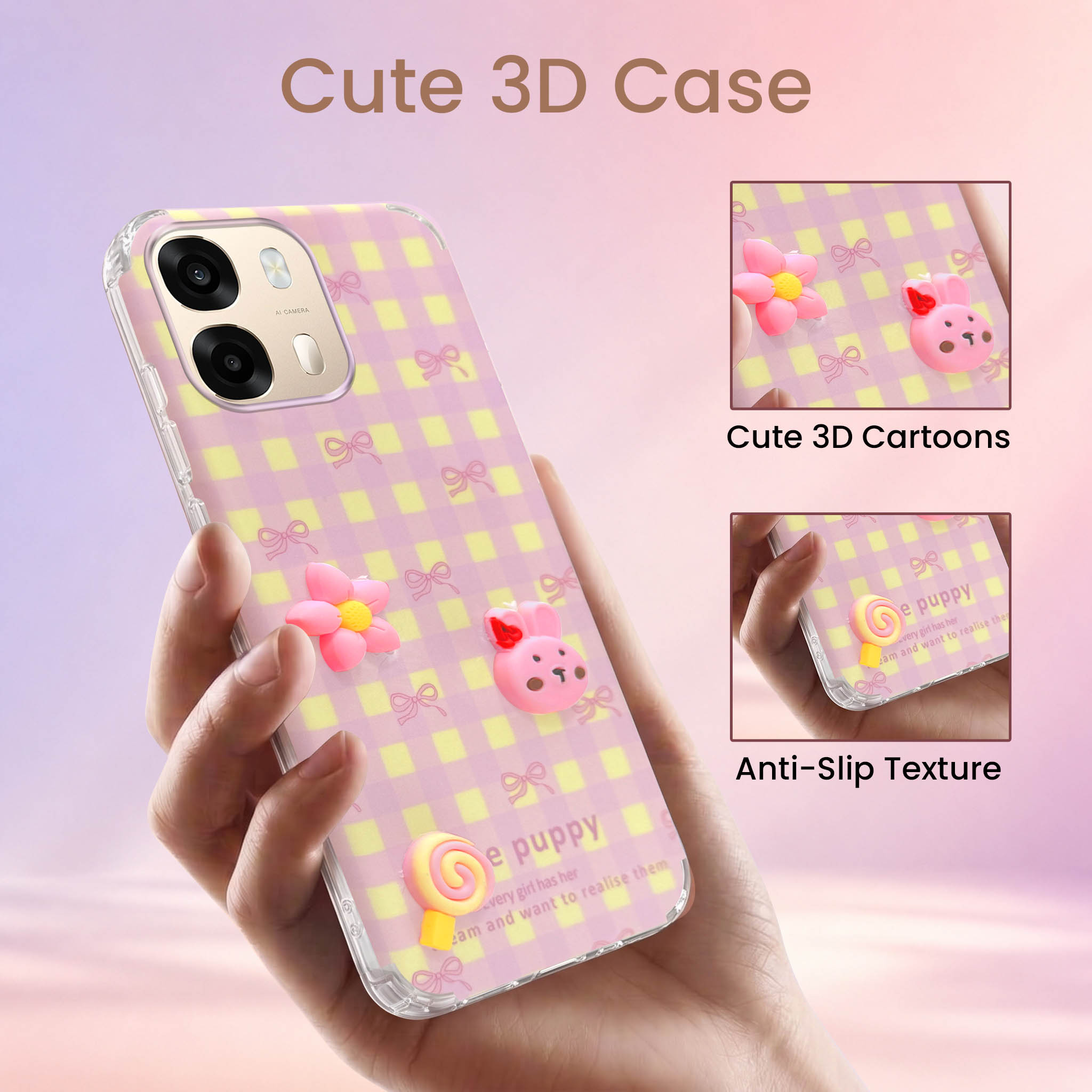 For Oppo A6 Pro Back Cover Case (3D Cute Cartoons | Hard Back Side Soft | Matte Premium Finish | HD Printing)