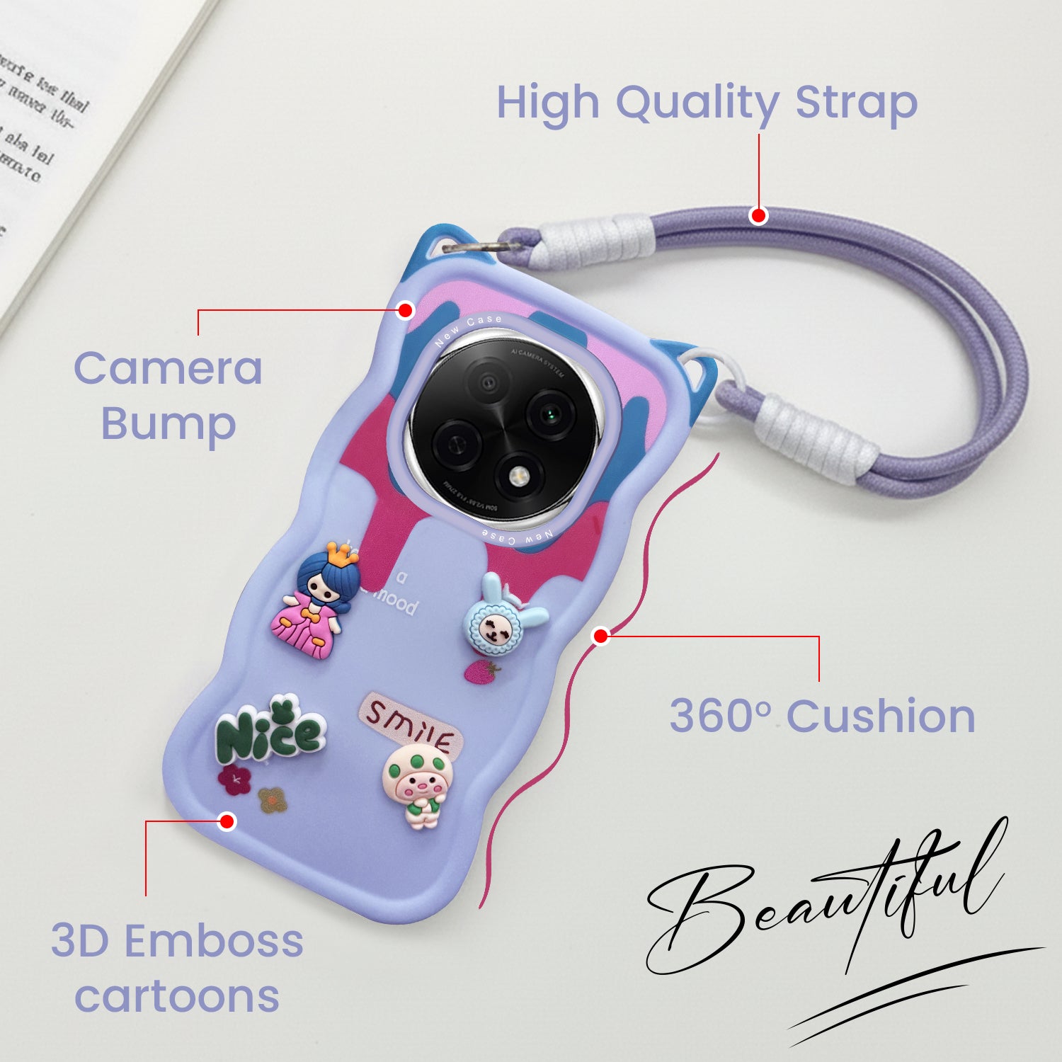 For Oppo F29 Pro Back Case Cover Strap (3D embossed Figures | Strap Holder | 360* Soft Cushion with Camera Bump)