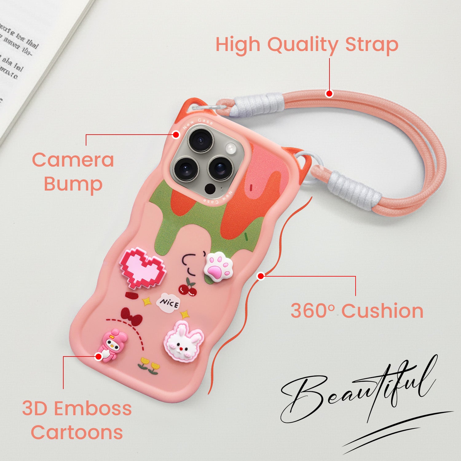 For Apple iPhone 15 Pro Max Back Case Cover Strap(3D Embossed Figures | Strap Holder | 360* Soft Cushion with Camera Bump)