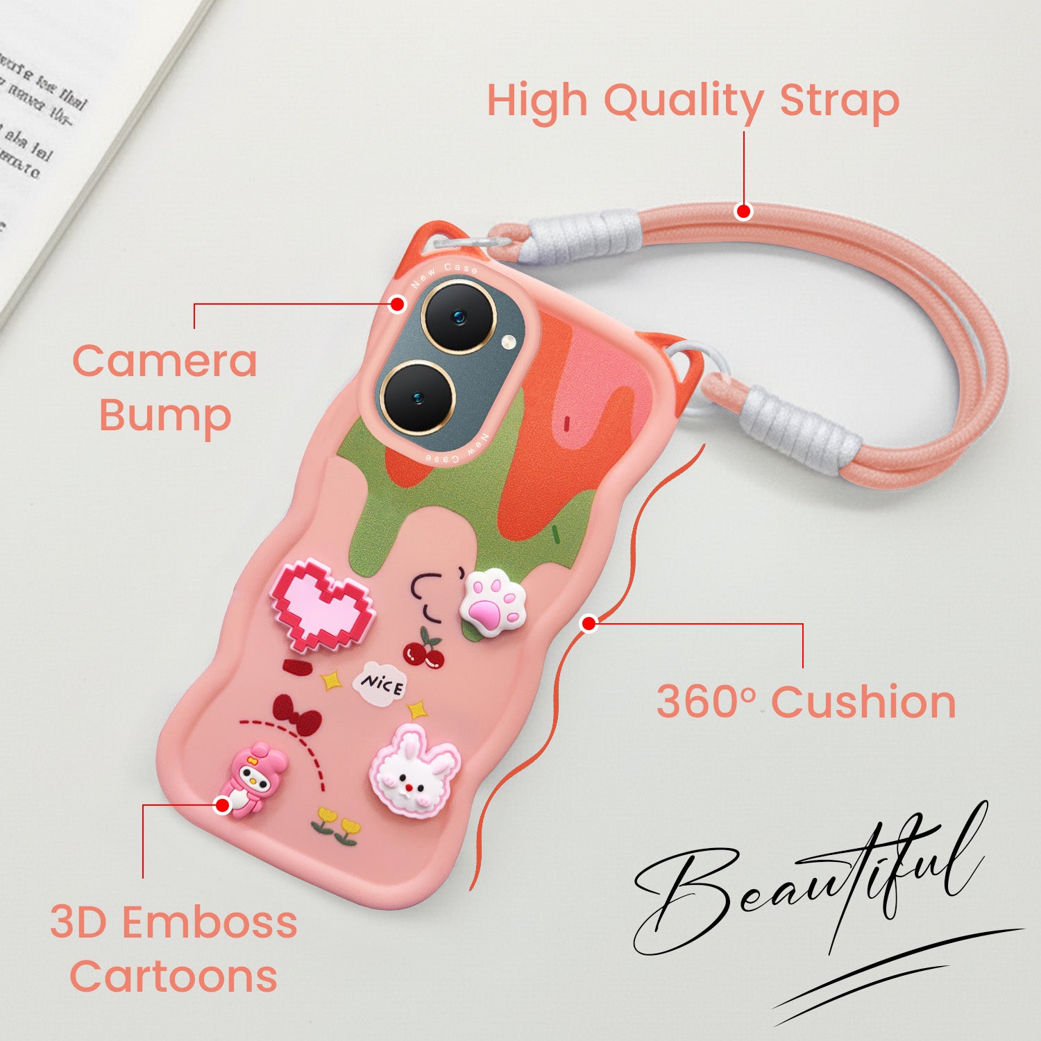 For Vivo Y18 | Y18e | Y03 | Y18i | Y18t Back Case Cover Strap (3D embossed Figures | Strap Holder | 360* Soft Cushion with Camera Bump)