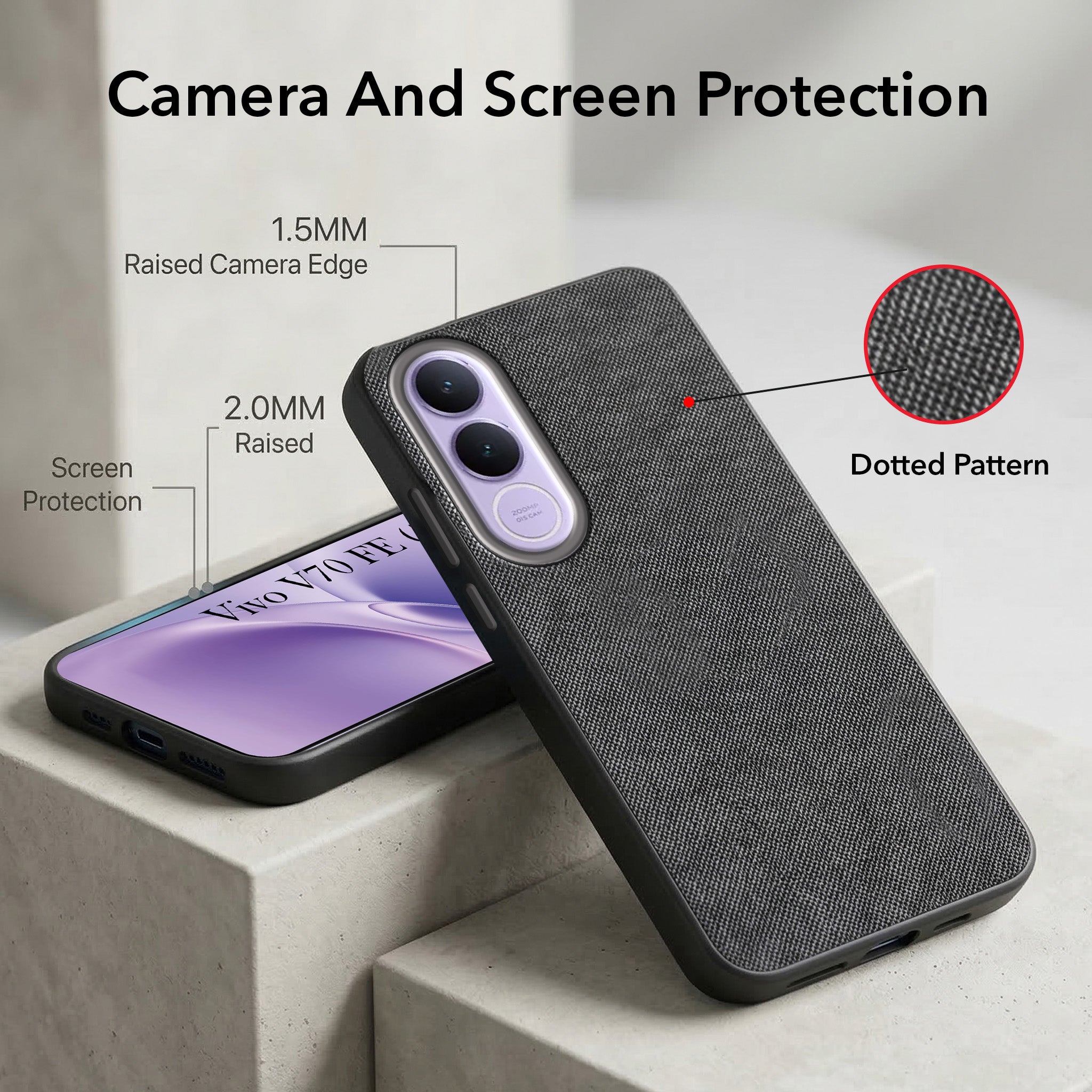 For Vivo V70 FE 5G Combo (Textured Grip Design | Micro-Fiber Cloth Inside | Oleophobic Coating Screen Glass)