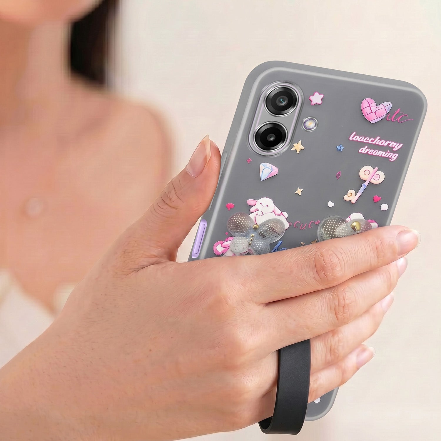 For Samsung Galaxy M17e Back Cover Case (3D Cute Heart Strap Holder | Camera Protection | Designer Girls Print)