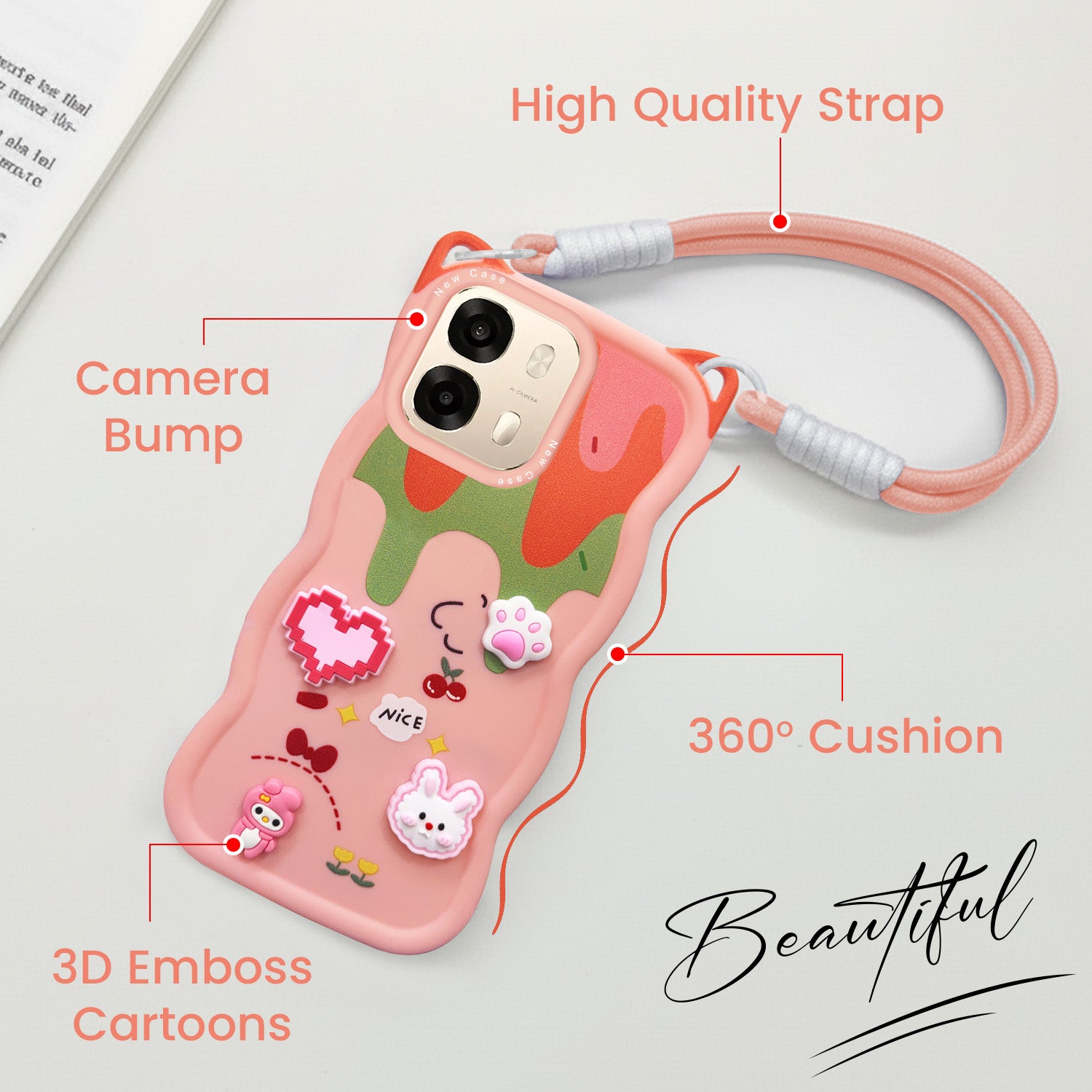 For Oppo A6 Pro Back Case Cover Strap (3D Embossed Figures | Strap Holder | 360* Soft Cushion with Camera Bump)