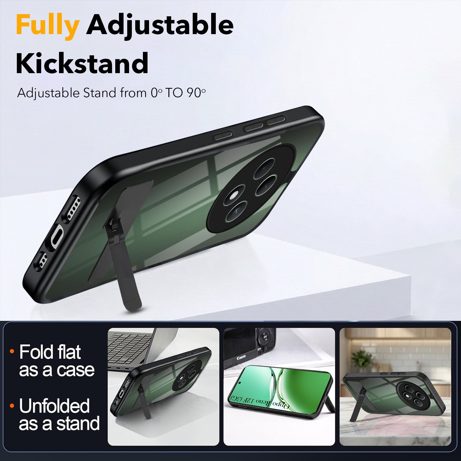 For Oppo Reno 12F Back Cover Case (Built-in Stand | Lifetime Anti Yellow | Kickstand Shockproof | Camera Protection | MagSafe Compatible)