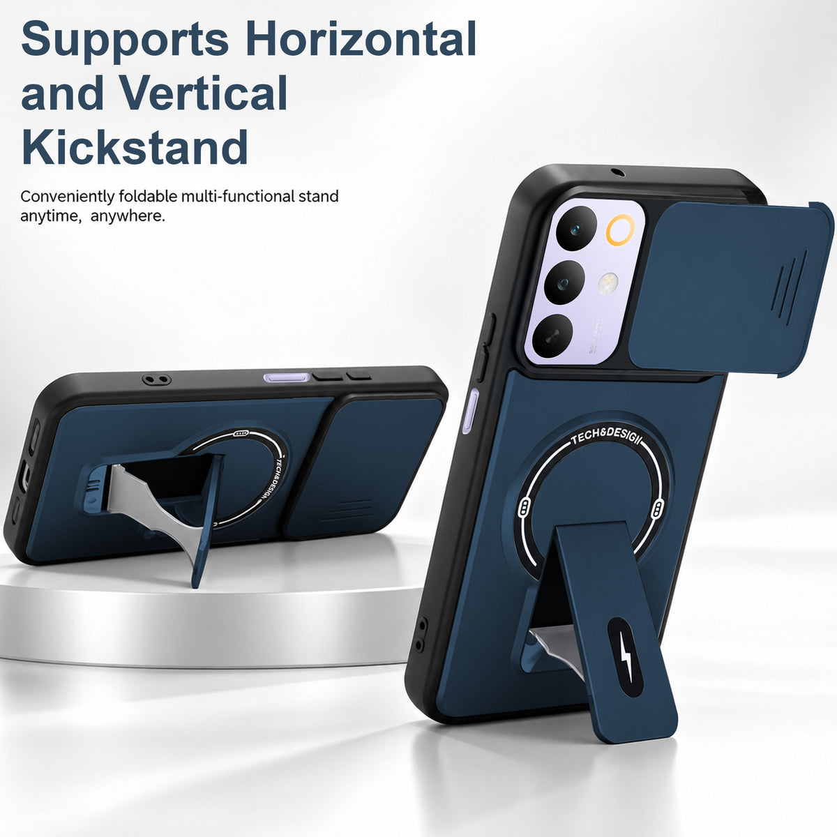 For Realme C85 5G | Realme Narzo 90x Back Case Cover Metallic (Hybrid Armor Kickstand | Sliding Shutter Camera Protection | MagSafe Compatible)