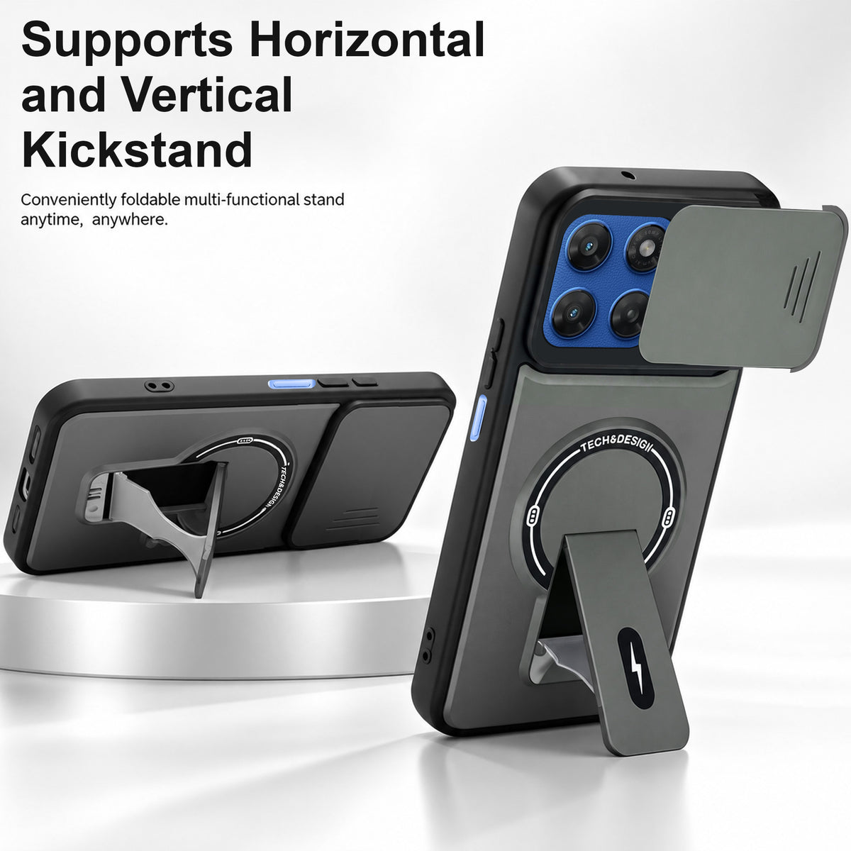 For Motorola Moto G77 Power Back Case Cover Metallic (Hybrid Armor Kickstand | Sliding Shutter Camera Protection | MagSafe Compatible)