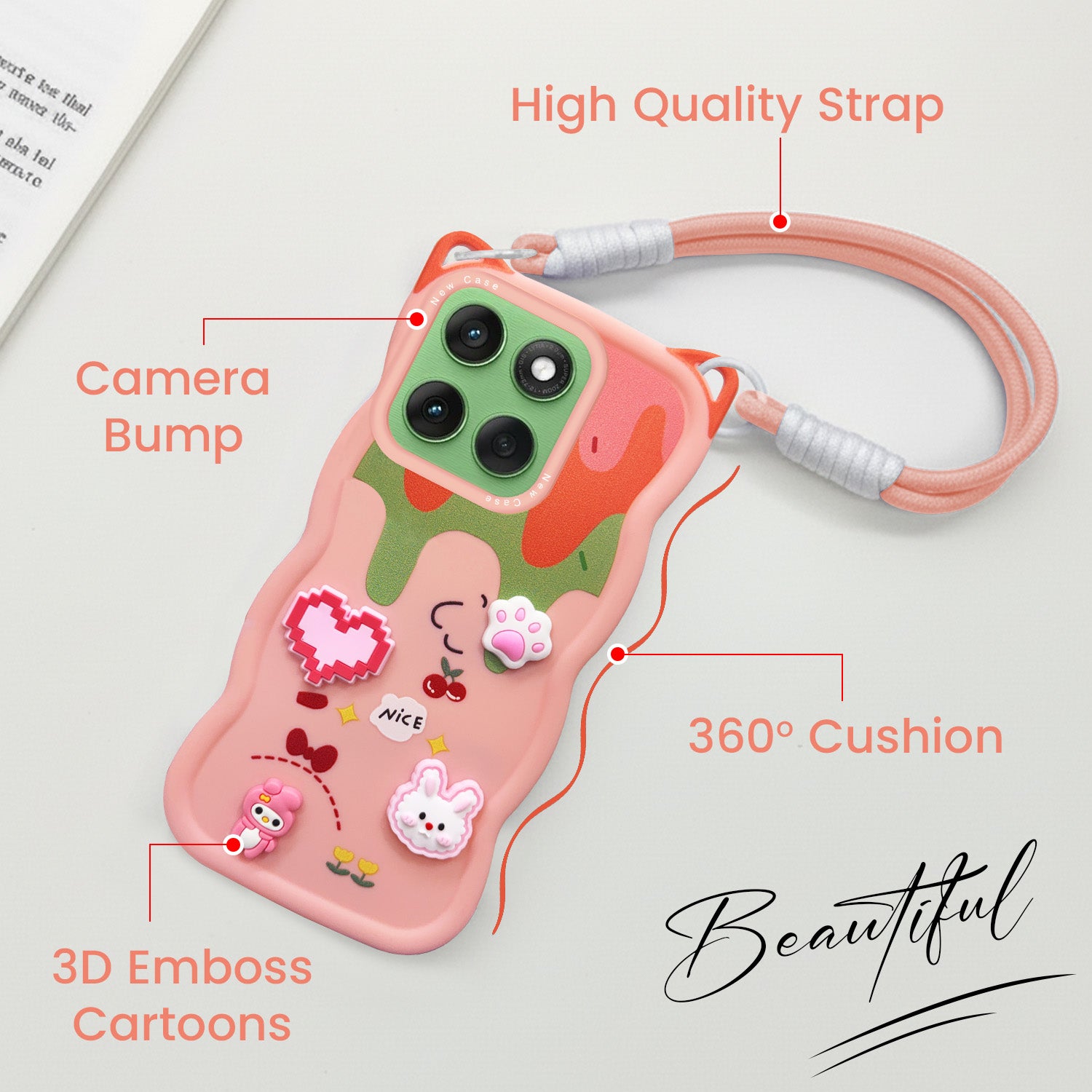 For Motorola Moto Edge 60 Back Case Cover Strap (3D embossed Figures | Strap Holder | 360* Soft Cushion with Camera Bump)