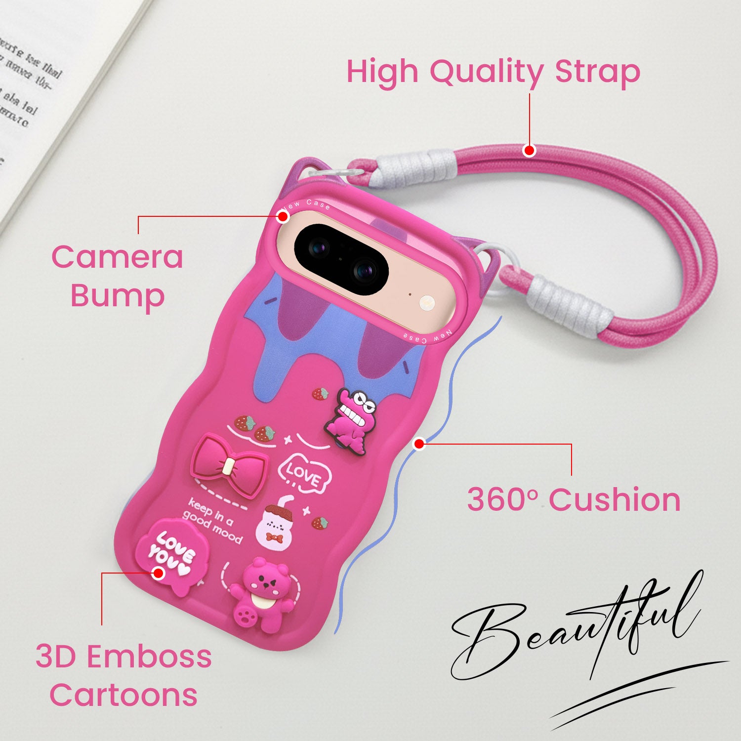 For Google Pixel 8 Back Case Cover Strap (3D Embossed Figures | Strap Holder | 360* Soft Cushion with Camera Bump)