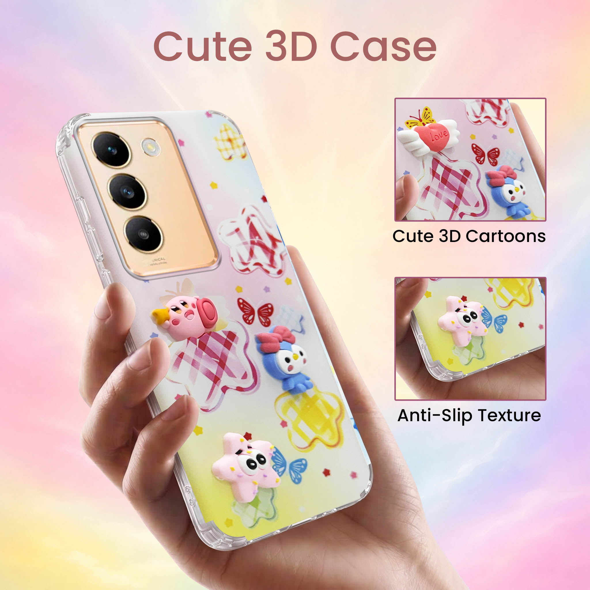 For Vivo Y200e Back Cover Case (3D Cute Cartoons | Hard Back Side Soft | Matte Premium Finish | HD Printing)