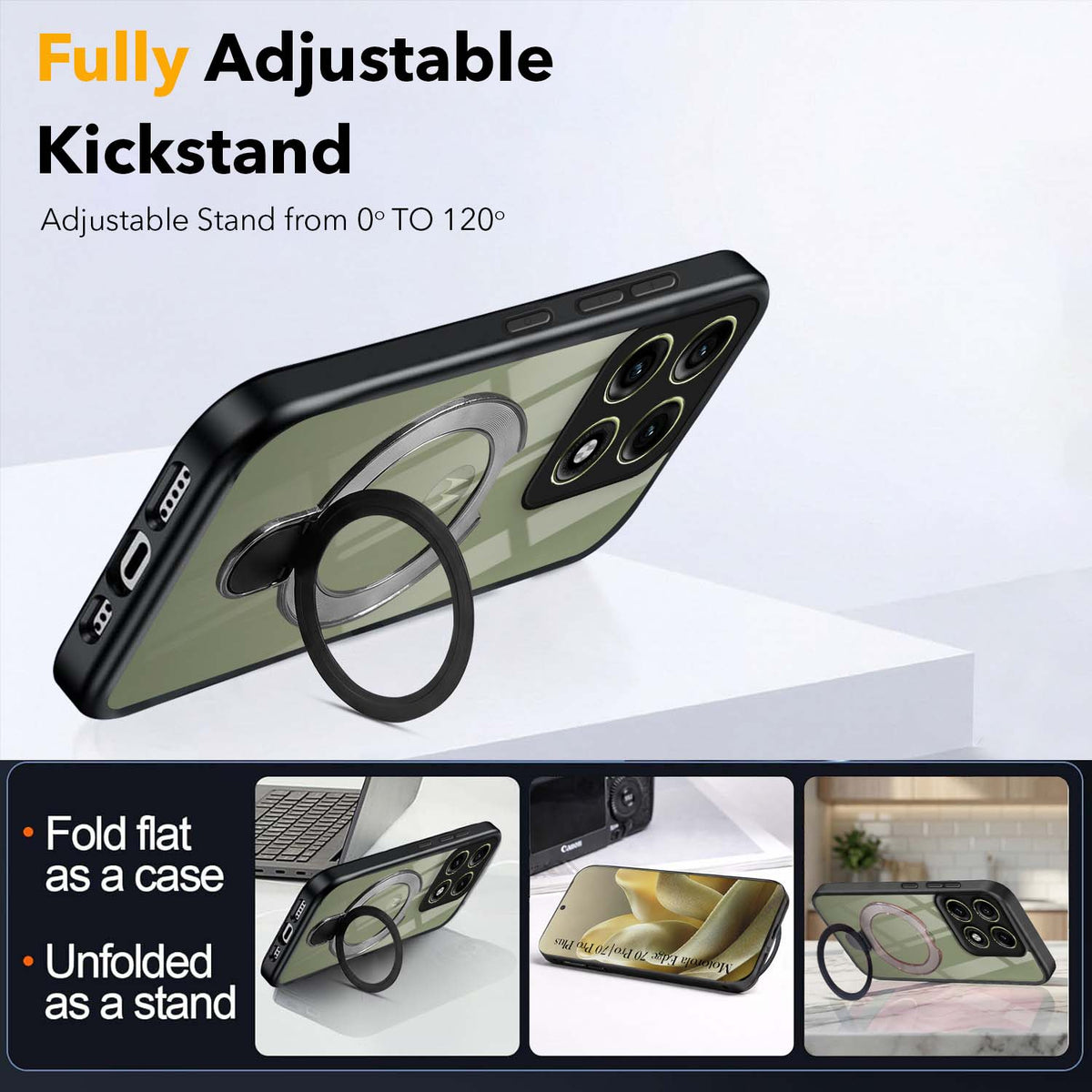 For Motorola Edge 70 Pro | Motorola Edge 70 Pro Plus Back Cover Case (Kick Stand Ring Holder | Life time Anti Yellow | Camera Protection)