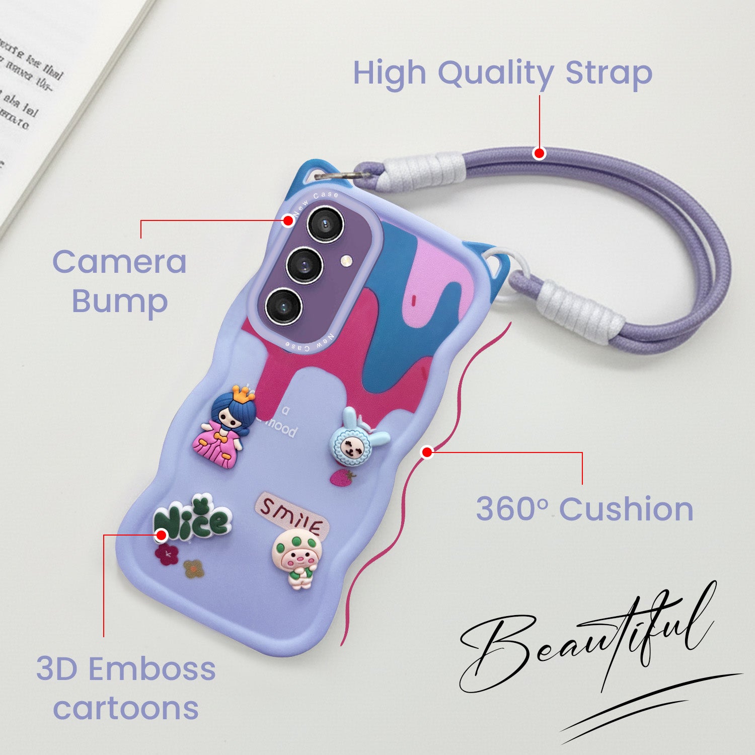 For Samsung Galaxy S23 FE 5G Back Case Cover Strap (3D embossed Figures | Strap Holder | 360* Soft Cushion with Camera Bump)