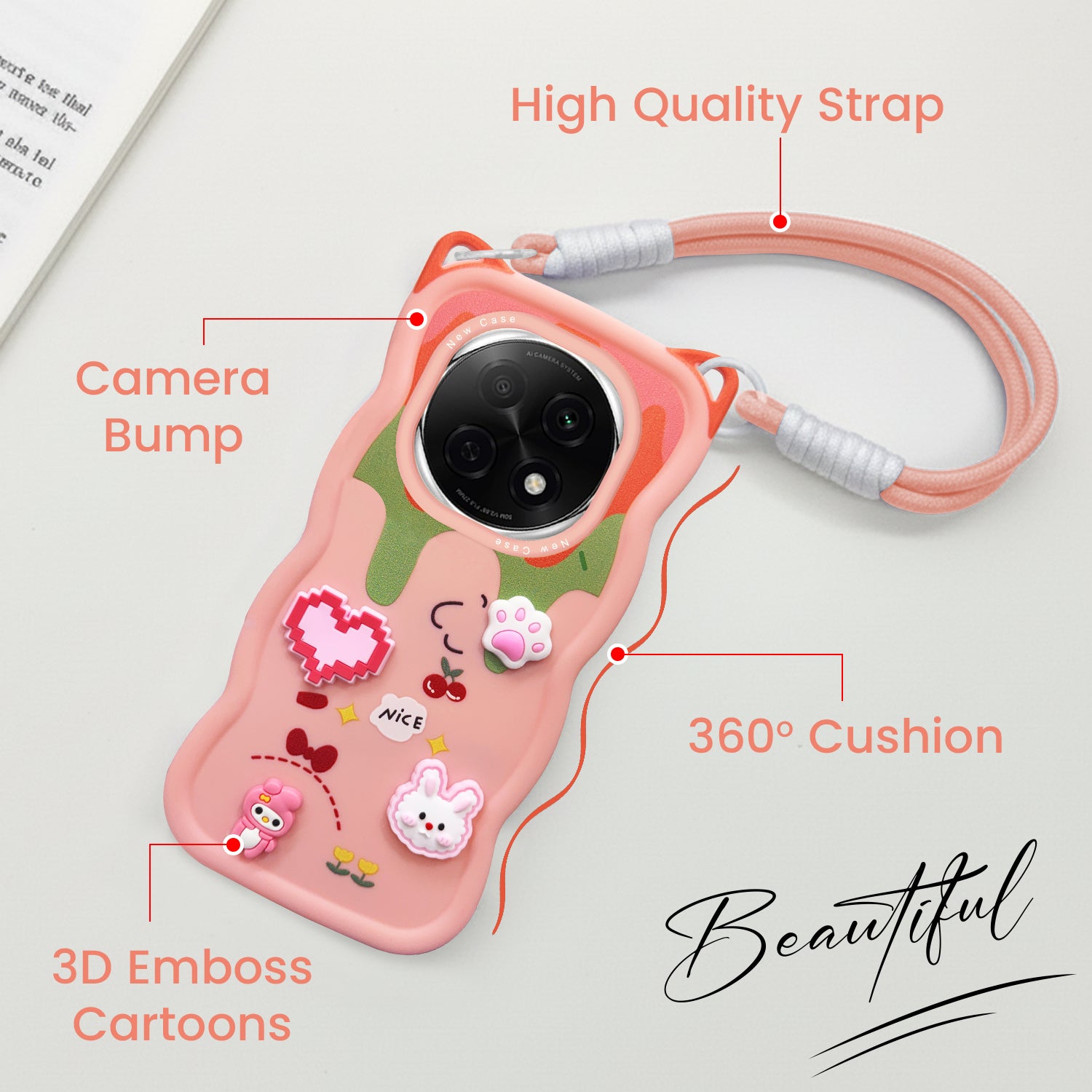 For Oppo F29 Pro Back Case Cover Strap (3D embossed Figures | Strap Holder | 360* Soft Cushion with Camera Bump)