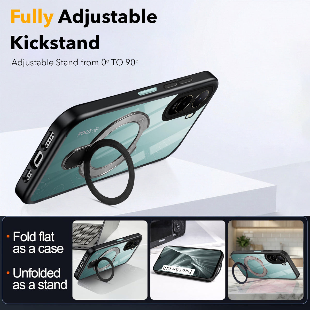 For Poco C85x 5G Back Cover Case (Kick Stand Ring Holder | Life time Anti Yellow | Camera Protection)