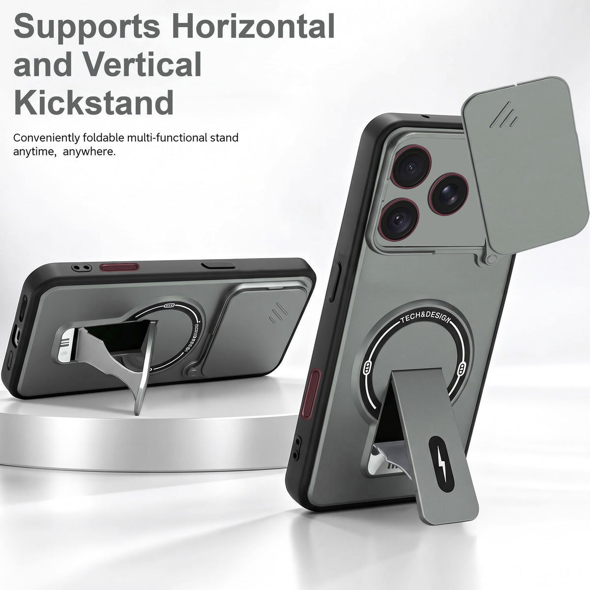 For Apple iPhone 18 Pro Back Case Cover Metallic (Hybrid Armor Kickstand | Sliding Shutter Camera Protection | MagSafe Compatible)