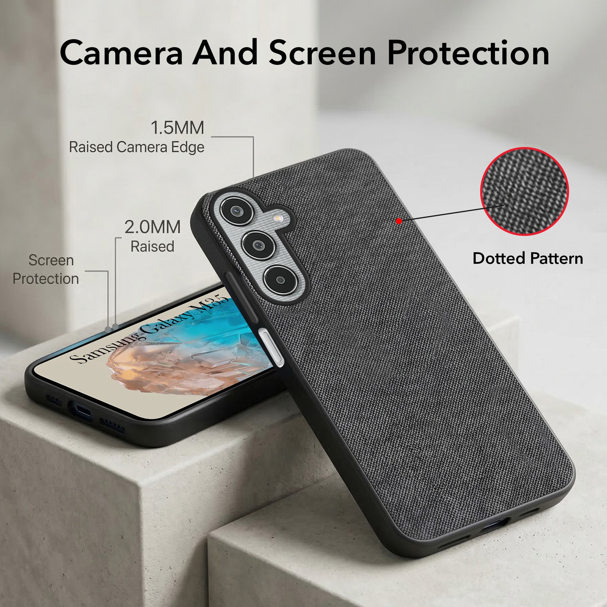 For Samsung Galaxy M35 5G Combo with Back Cover and 9H Tempered Glass (Textured Grip Design | Micro-Fiber Cloth Inside | Oleophobic Coating Screen Glass)