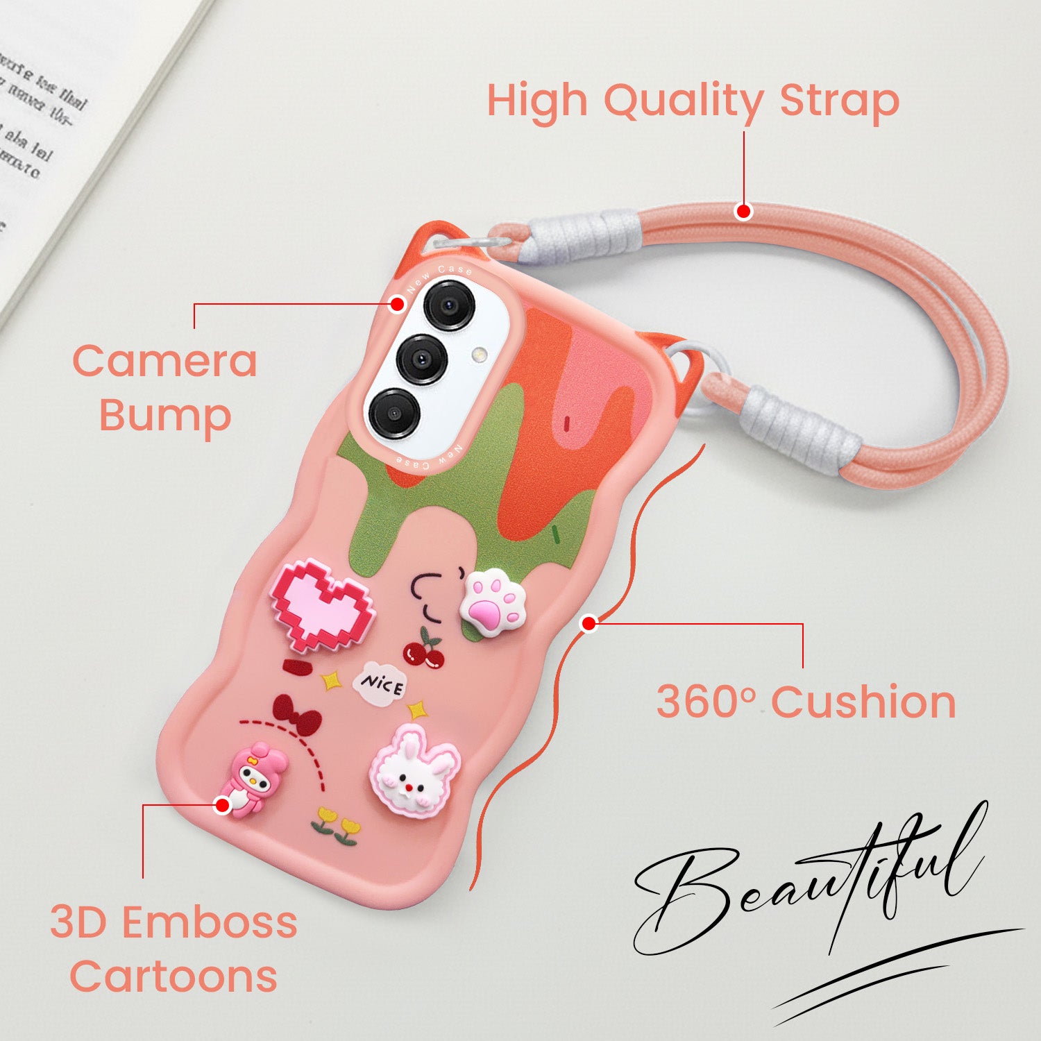 For Samsung Galaxy A16 5G Back Case Cover Strap (3D embossed Figures | Strap Holder | 360* Soft Cushion with Camera Bump)