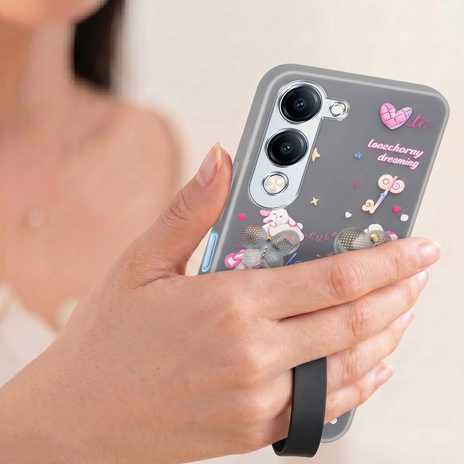 For Vivo iQOO Z10 Lite Back Cover Case (3D Cute Heart Strap Holder | Camera Protection | Designer Girls Print)