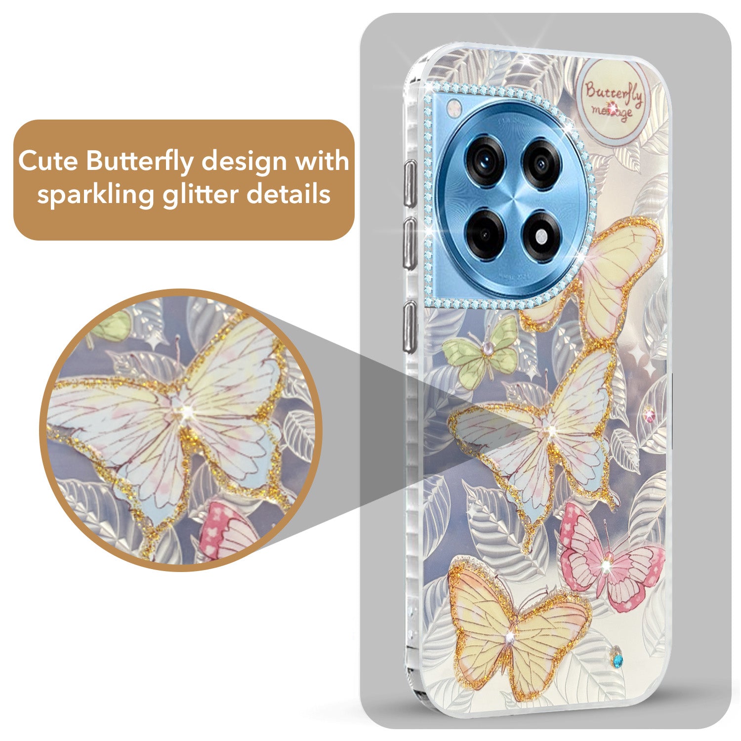 For OnePlus 12R 5G Back Cover Case (Luxury Floral Glitter Cute Butterfly | Diamond Studded Camera Bump | Girls & Women Design)
