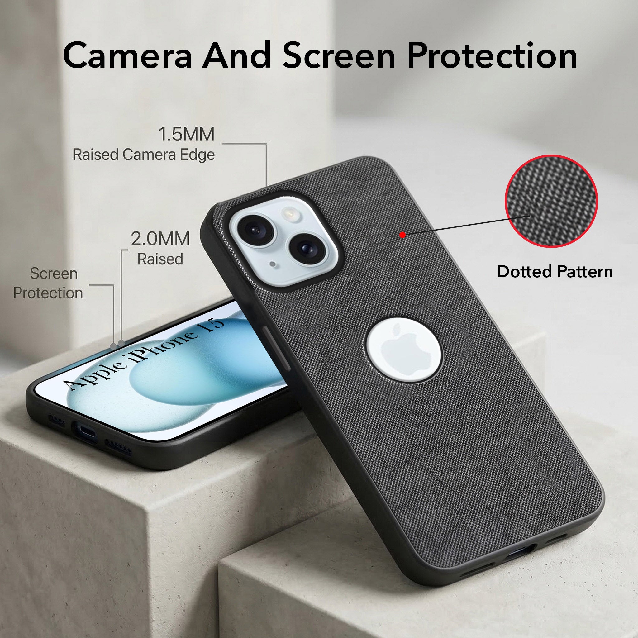 For Apple iPhone 15 Combo (Textured Grip Design | Micro-Fiber Cloth Inside | Oleophobic Coating Screen Glass)