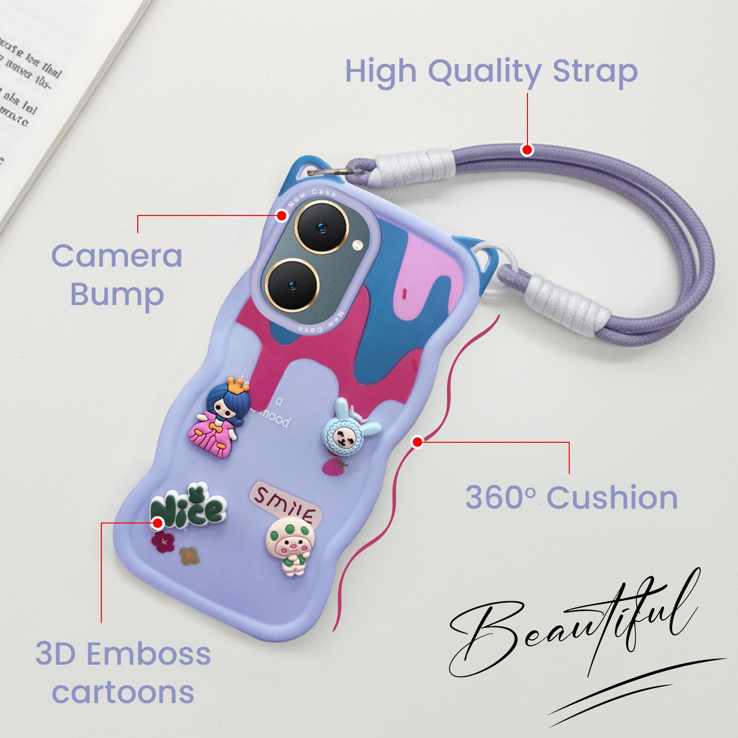 For Vivo Y18 | Y18e | Y03 | Y18i | Y18t Back Case Cover Strap (3D embossed Figures | Strap Holder | 360* Soft Cushion with Camera Bump)