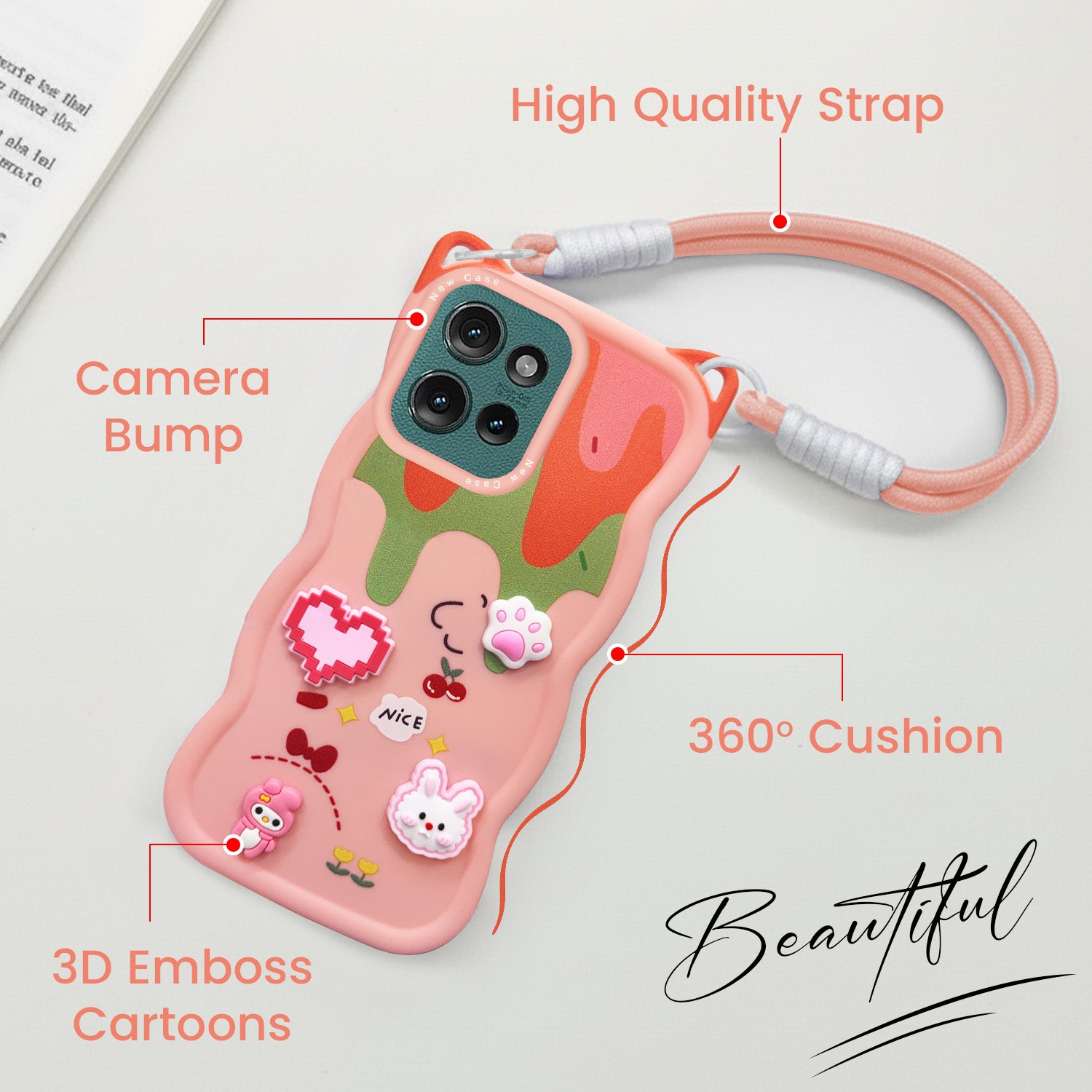 For Motorola Moto Edge 50 5G Back Case Cover Strap (3D embossed Figures | Strap Holder | 360* Soft Cushion with Camera Bump)