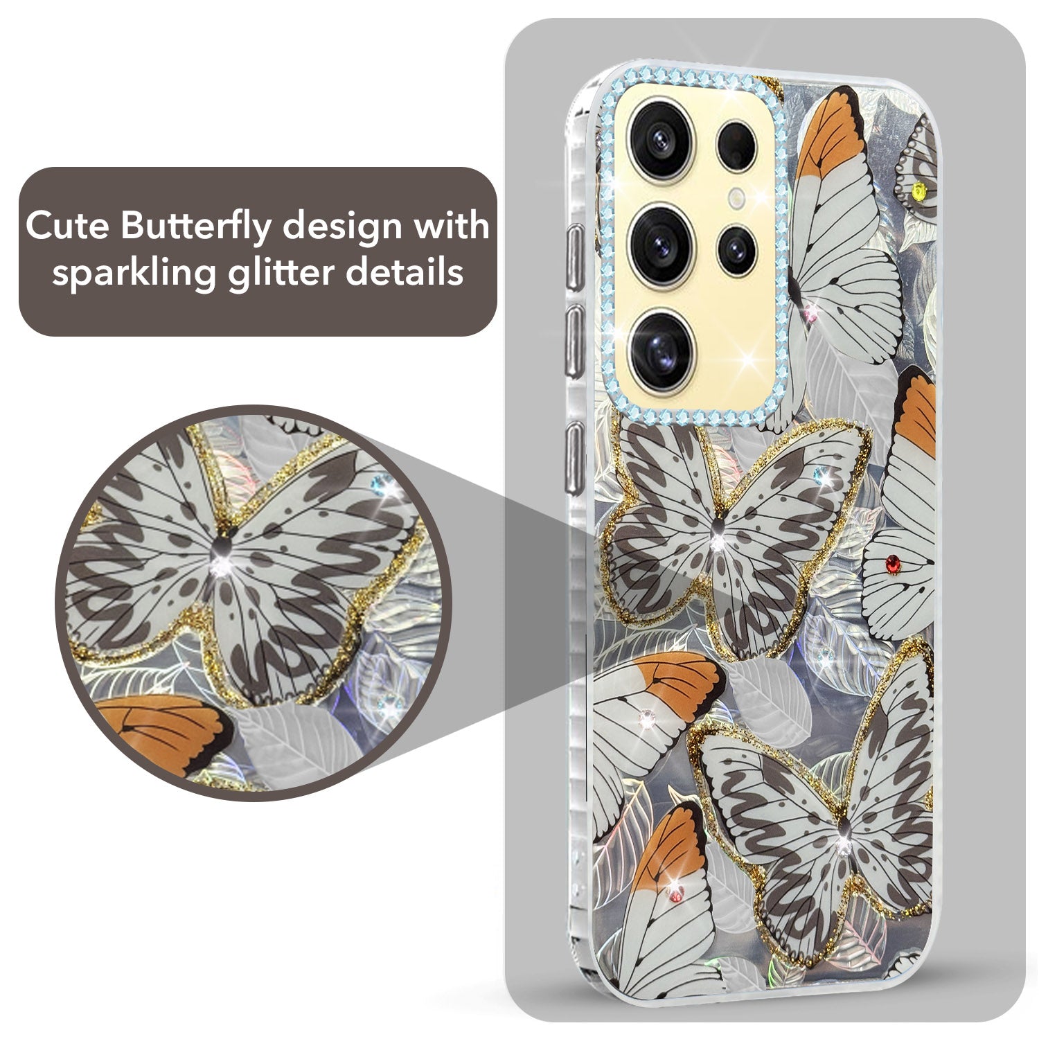 For Samsung Galaxy S24 Ultra Back Cover Case (Luxury Floral Glitter Cute Butterfly | Diamond Studded Camera Bump | Girls & Women Design)